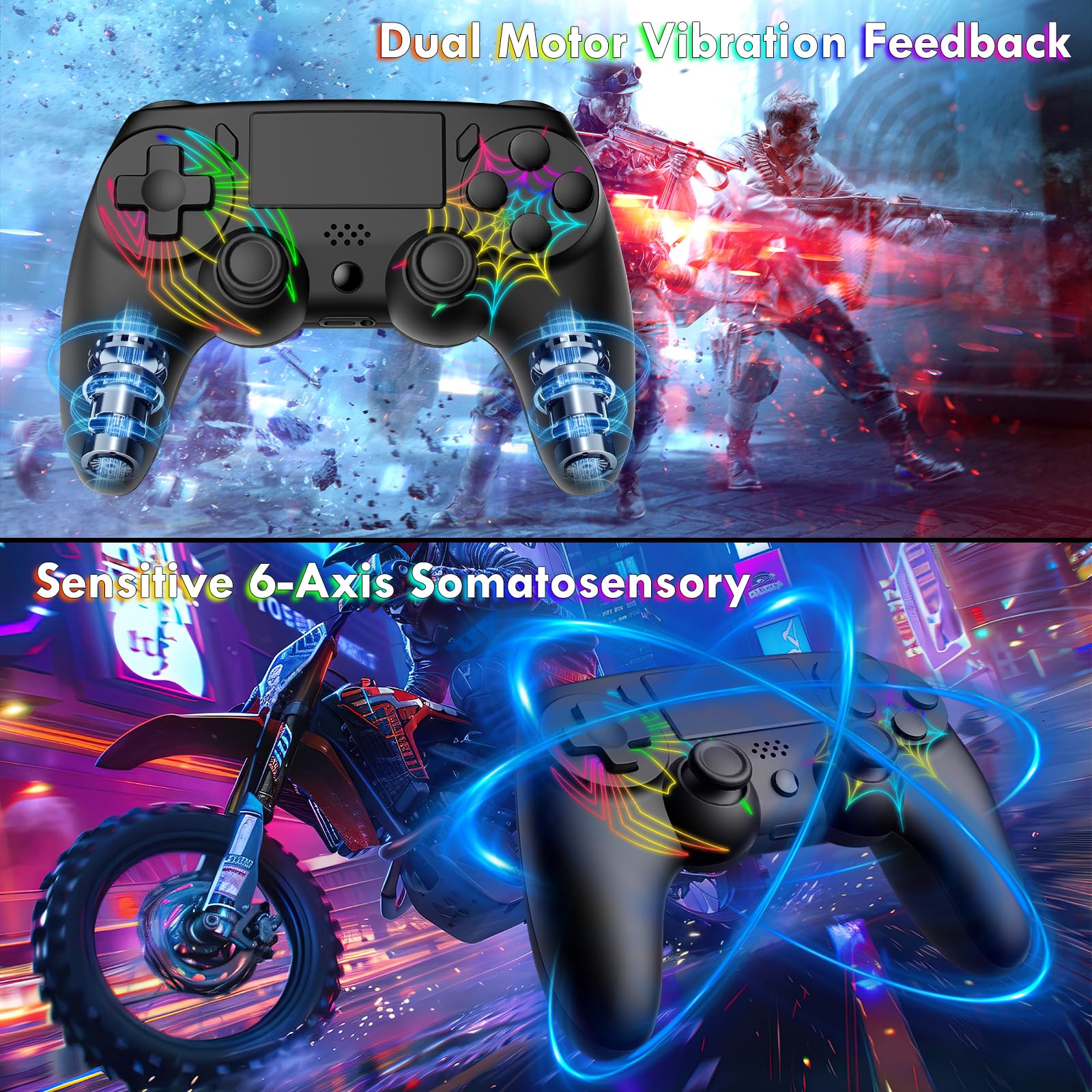 Paquete de 2 controladores inalámbricos para PS4, controlador apto para PlayStation 4/Pro/Slim/PC, diseño de patrón de araña, batería de 1000 mAh, RGB ajustable, doble choque, giroscopio de 6 ejes