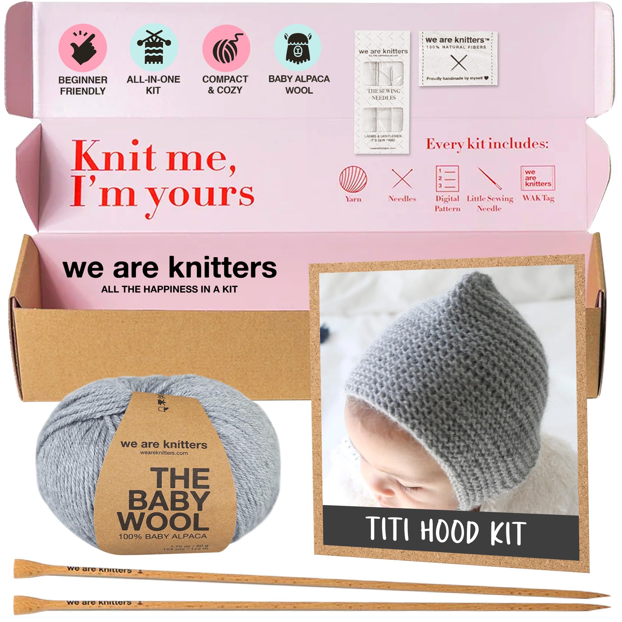 We Are Knitters Titi Hood Kit – Strickset für Anfänger mit 100% Baby-Alpaka-Wolle – Komplettes Strickset mit Wolle und Anleitung – Baby Kapuze (1–6 Monate / 6–12 Monate) – Handarbeit Geschenk