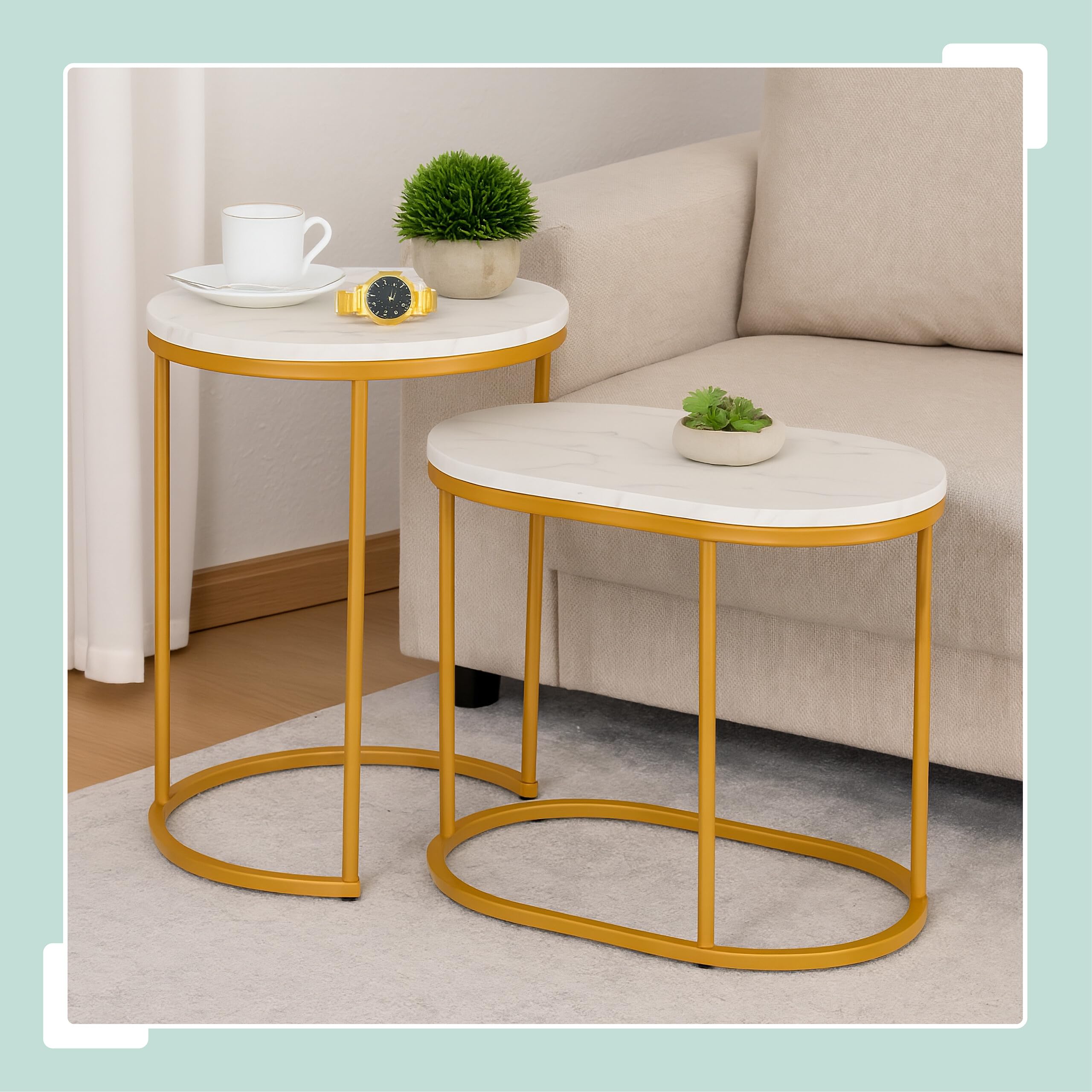 Relaxdays Tavolini da Salotto, 2 Tavoli Bassi caffè da Divano Soggiorno, Tondo e Ovale Stile Marmo, Metallo, Bianco Oro