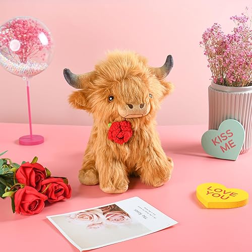 Miniatura 9 de Peluche de vaca escocesa Highland, peluche realista de ganado, juguete de peluche, 10 pulgadasmarrón