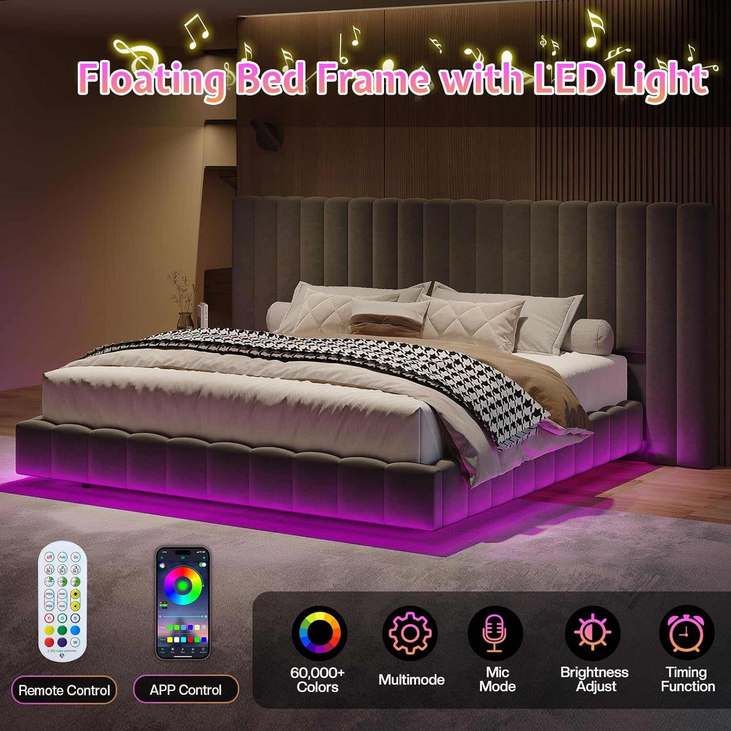 Jocisland Queen Size Upholstered Bed Frame with Oversized Headboard, Floating Design, RGB LED Lights, Velvet Channel Tufted Platform, No Box Spring Needed, Grey
