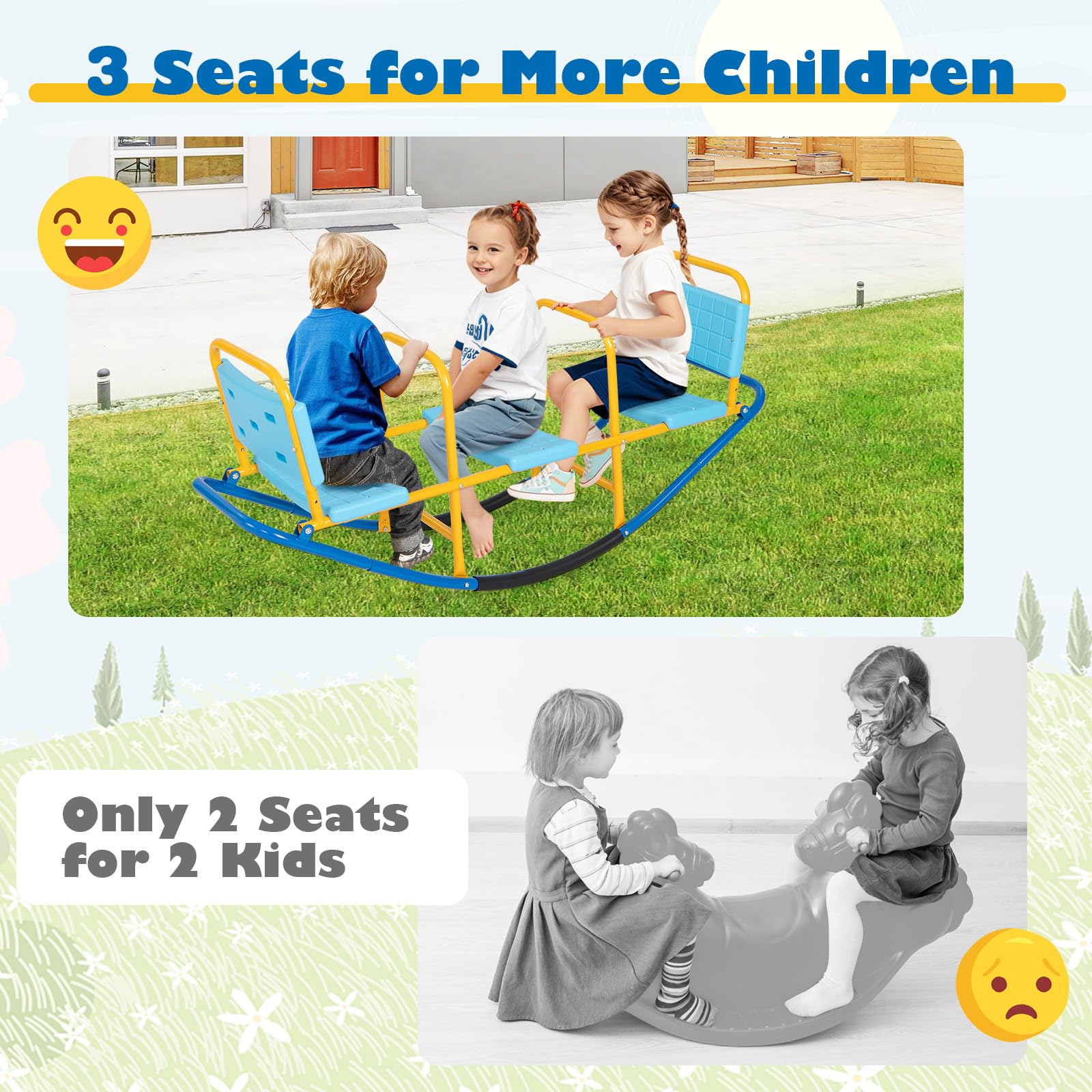 KOTEK Teeter Totter, 3-Person Metal Rocking Seesaw with Back & Easy-Grip Handles, Playground Equipment for Backyard Daycare, Indoor Outdoor Rocker Toy Seesaw for Kids Toddlers (Blue)