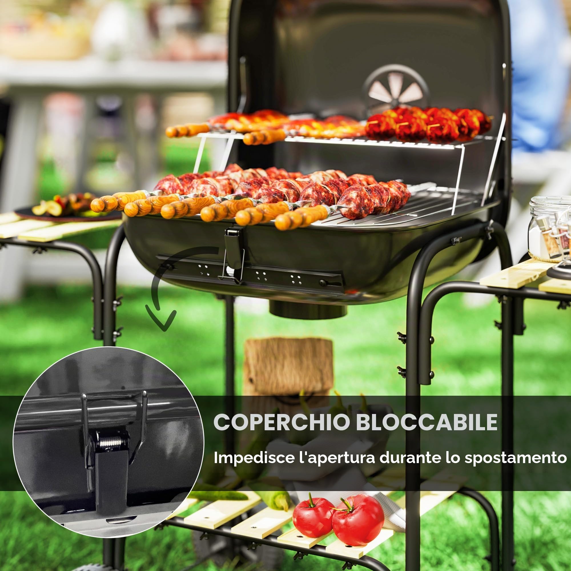 Outsunny Carrello di cottura per barbecue a carbonella con superficie di cottura di 1840 cm², affumicatore portatile per barbecue con griglia, coperchio, ripiani e ruote, per picnic in campeggio, nero