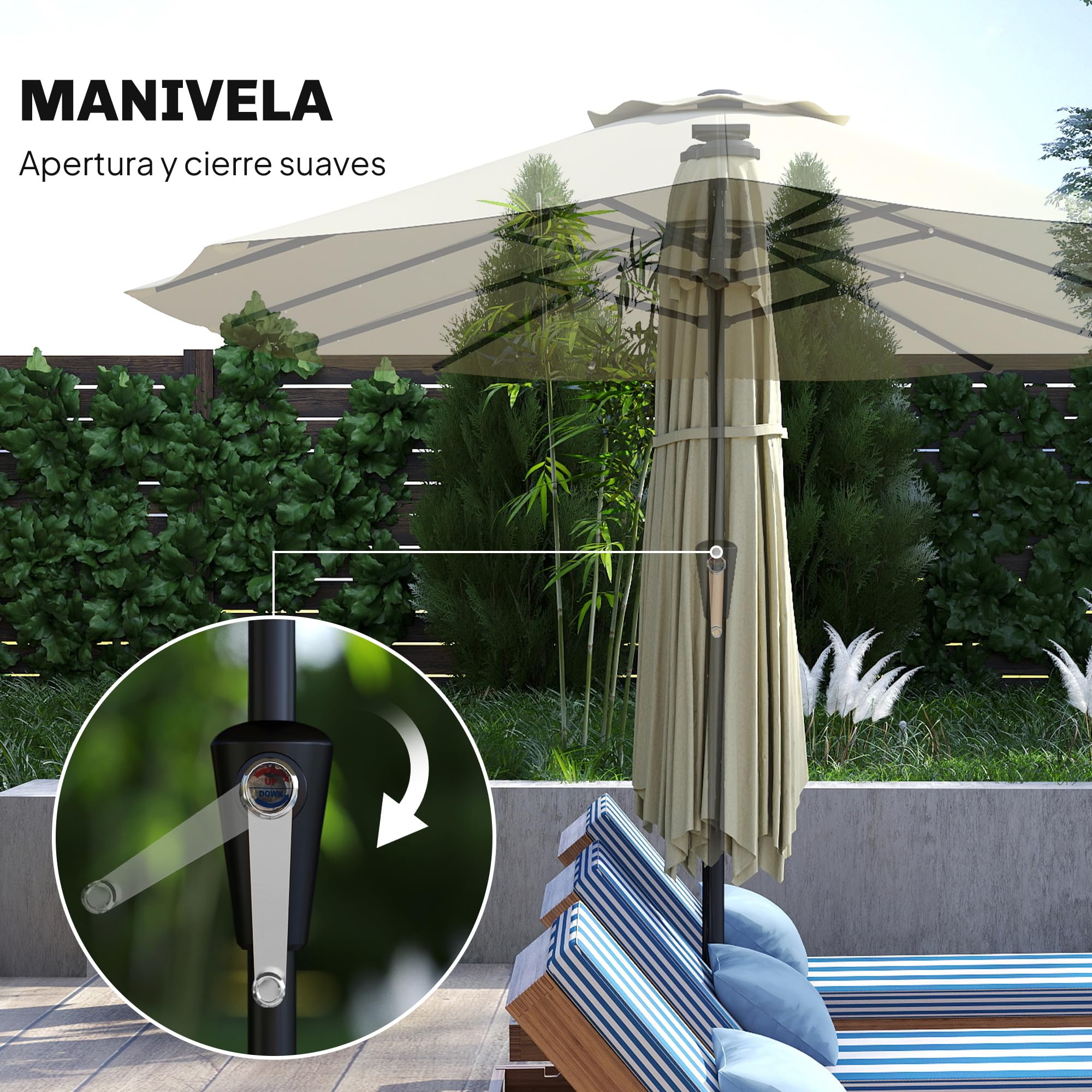 Outsunny Sombrilla Doble con 36 Luces LED Solares 4x2 m | Sombrilla Terraza Exterior, Manivela, UPF50+, 12 Varillas, Resistente al Agua, Parasol para Jardín, Terraza, Patio