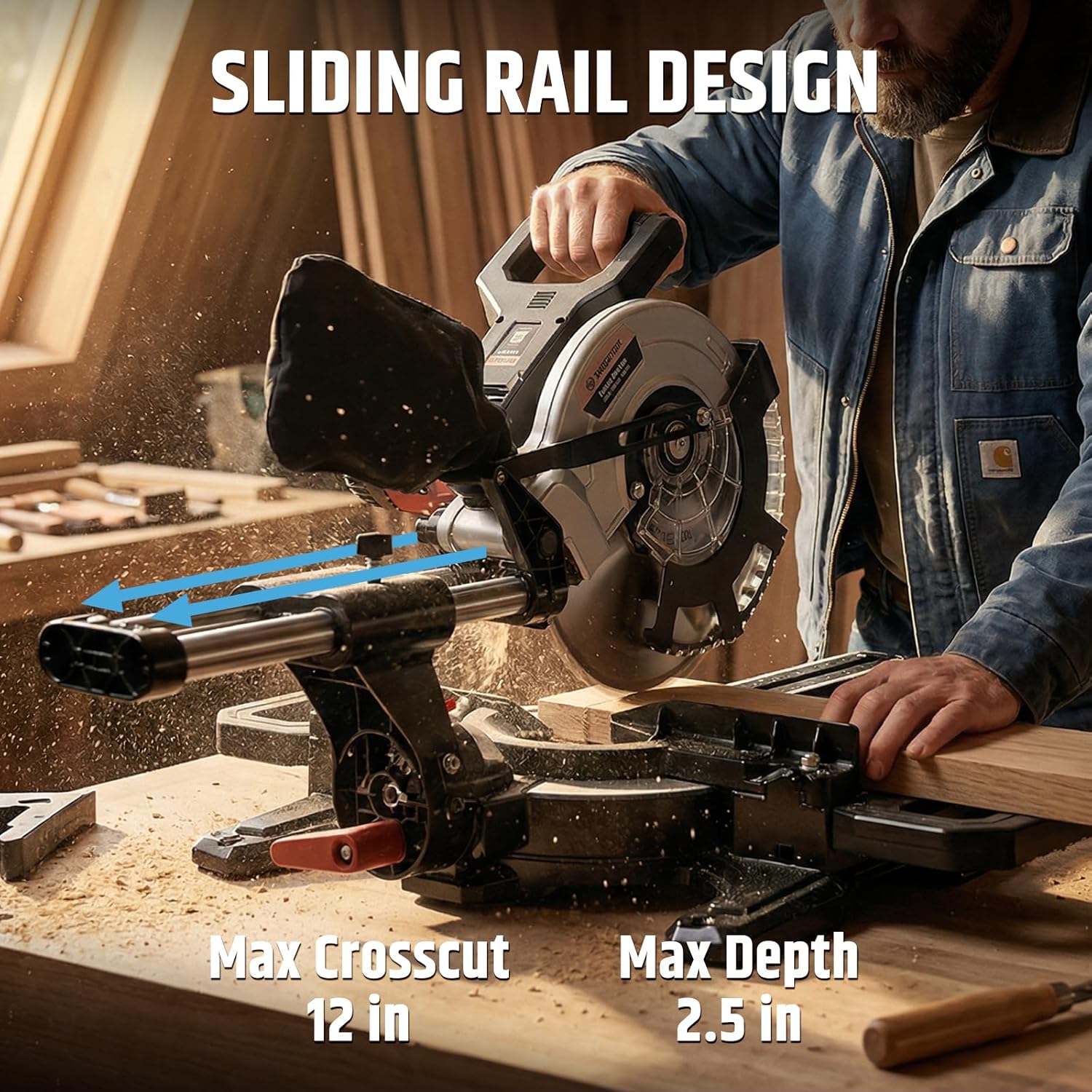 Cordless Miter Saw with Battery, 8 Inch 40-Tooth Blade, 18.5V Lithium-Ion 4000mAh, Dual Clamps, LED Light, Sliding Rail