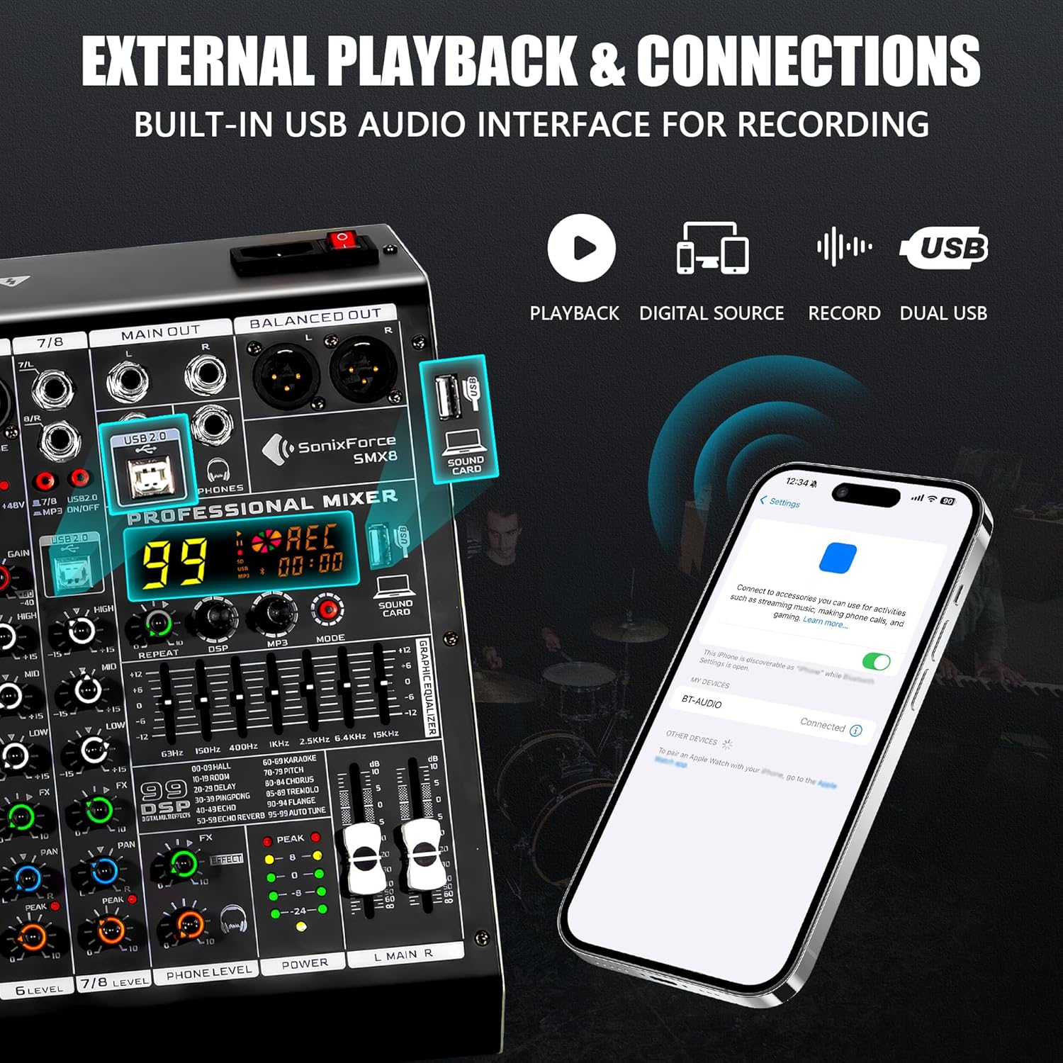 8 Channel Audio Mixer, 99 DSP Sound Board Console with 48V Phantom Power, Professional DJ Mixer for Podcasting, Streaming, Studio Recording (SMX8)