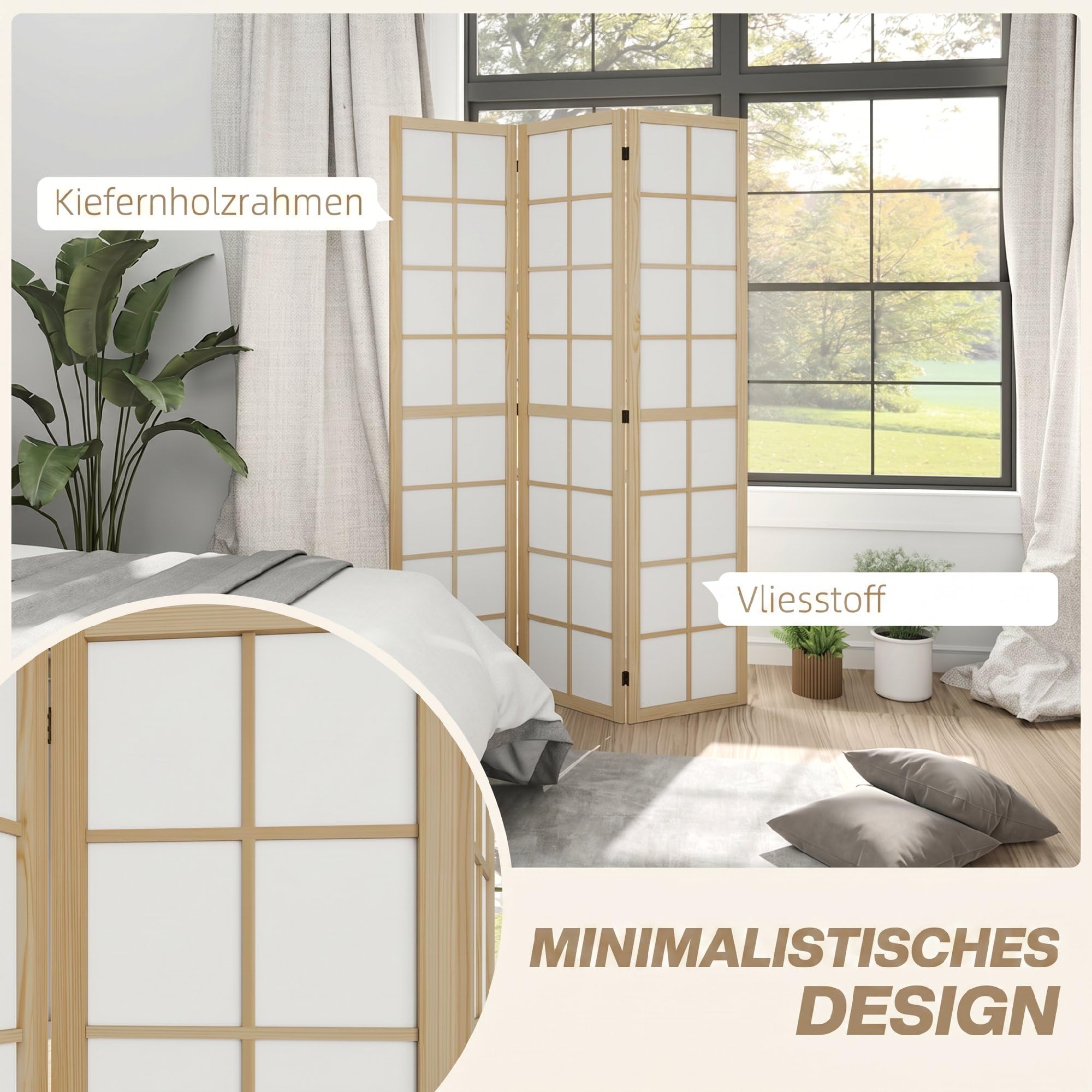 HOMCOM Paravent Raumteiler für Wohnzimmer 3-teilig 120 x 170 cm Natur | Trennwand, Faltbar Raumtrenner, Sichtschutz Stellwand