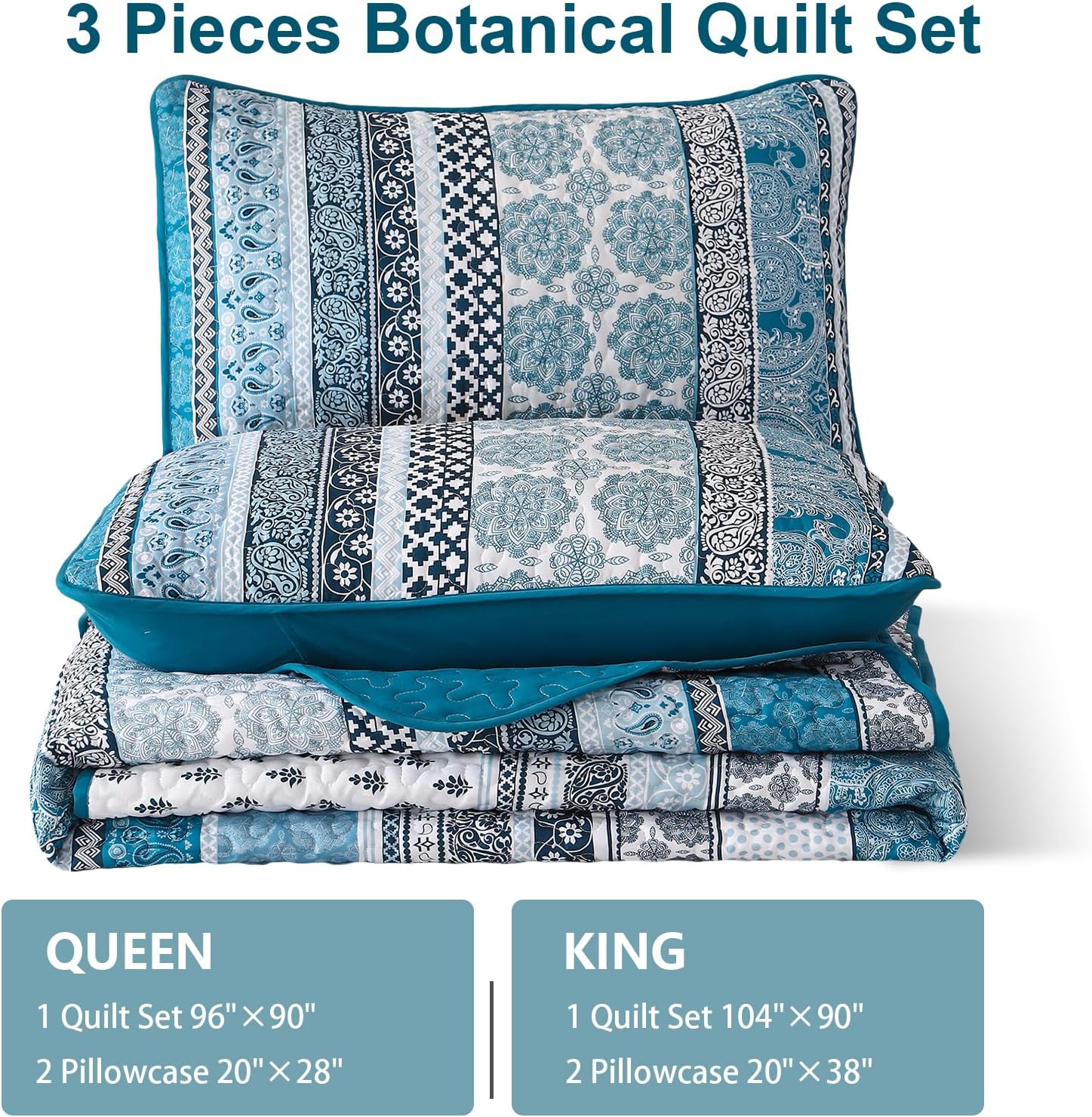 WONGS BEDDING Boho Quilt Set Queen Size, Teal Blue Bohemian 3 Pieces Quilt Sets, Lightweight Bedspread Coverlet Bedding Set for All Season (96"x90") - Image 7