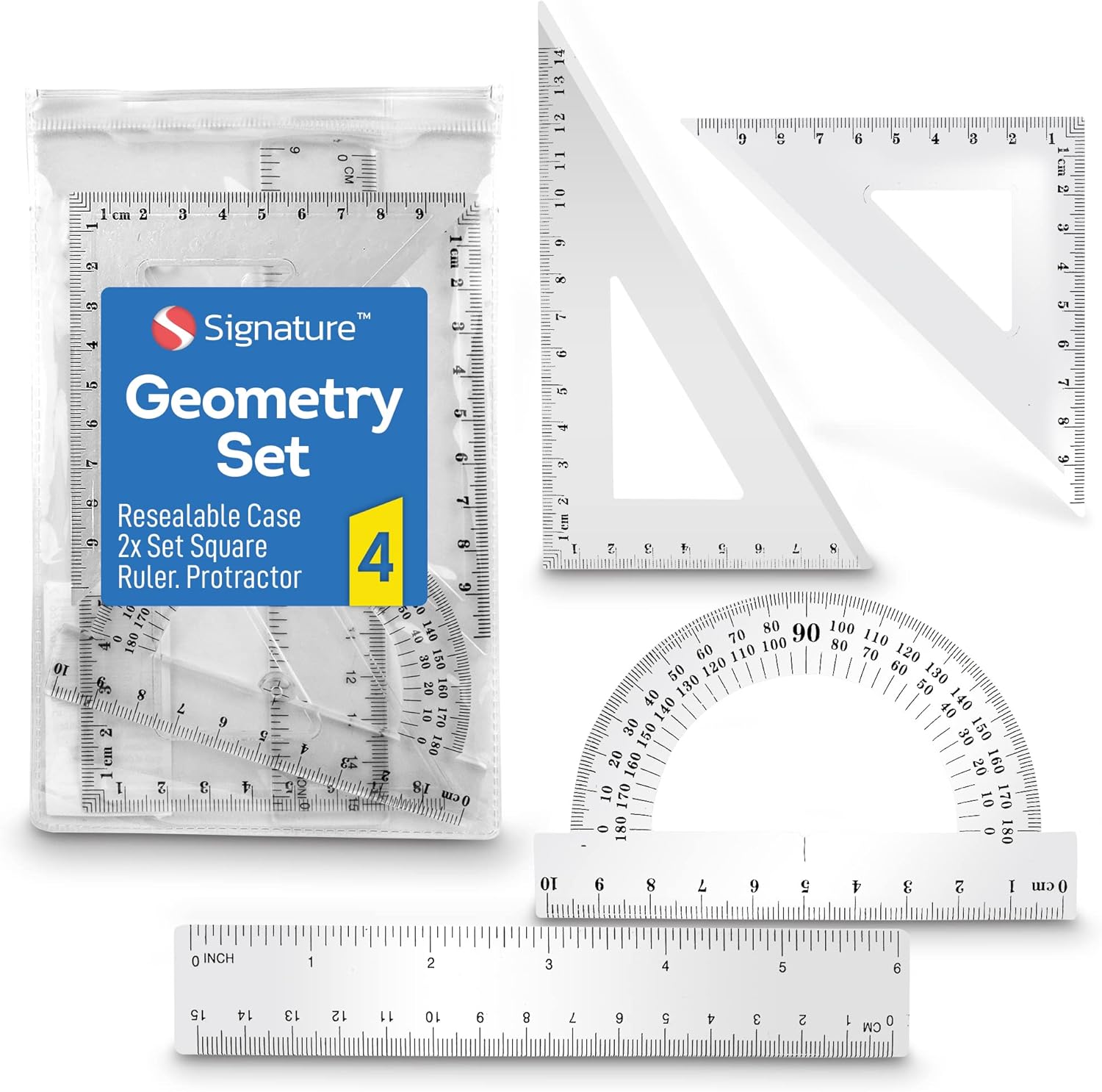 4 Piece Geometry Sets for Secondary School 2x Set Square, Ruler Set