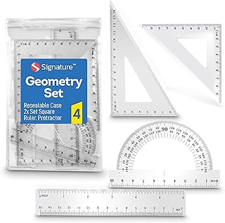 4 Piece Geometry Sets for Secondary School | 2x Set Square, Ruler Set & Protractor Set for Secondary School | Maths Sets for Secondary School, Geometry Set Protractors for Maths | Pertracter Math Set