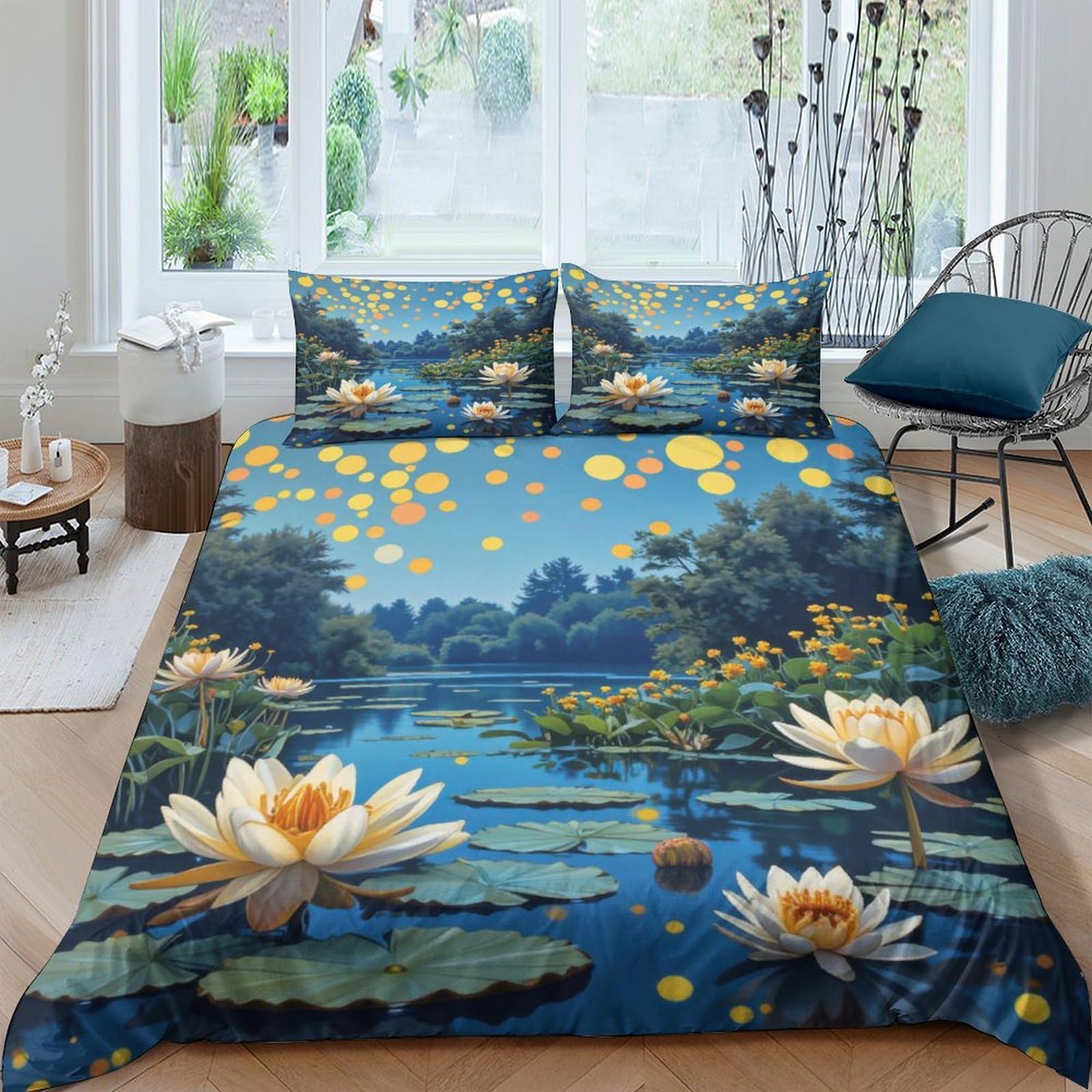 Ctjqhvkz Style-1 3D Printed Water Lily Pond Fitted Sheet Microfiber Soft Decorative Night Lake Bed Cover For Bedroom Guest Room Single（135X200cm）