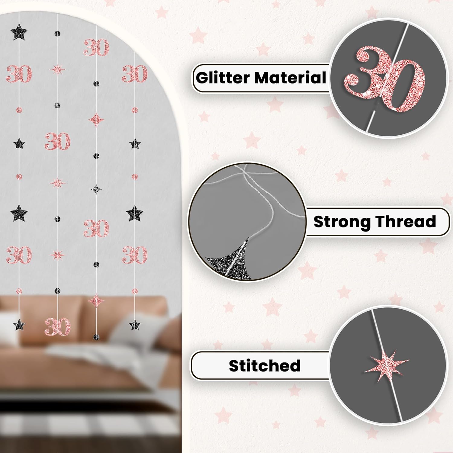 KatchOn, Rose Gold 30th Birthday Decorations - 9 String Hanging Garland, 6 Feet | No DIY 30 Years Party Hanging Streamer | Dirty 30 Birthday Decorations for Women | 30th Anniversary Décor