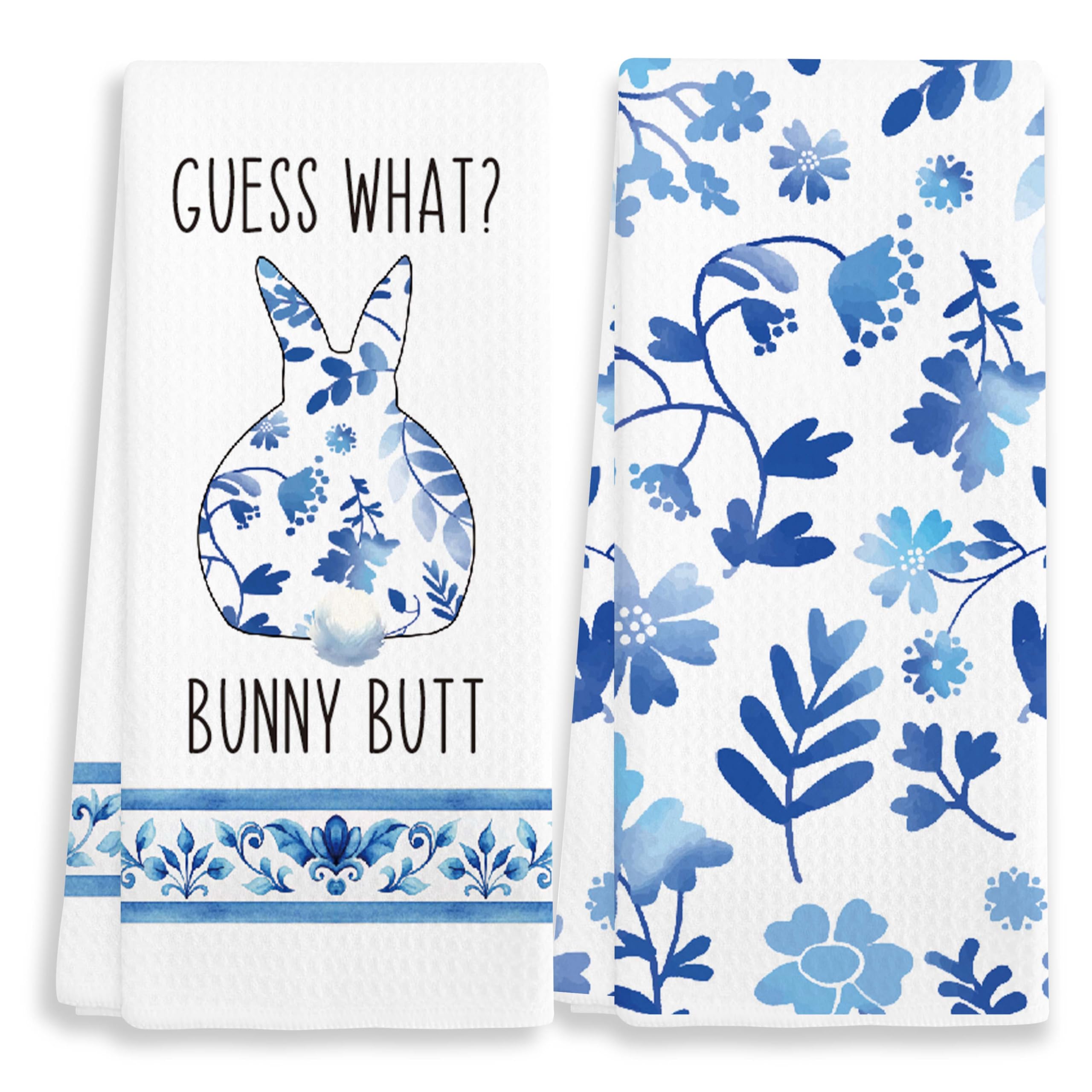 EJGFS Guess What? Chinoiserie Bunny Decorative Towels for Kitchen Set of 2, 16"x24" Hand Towels for Bathroom, Dish Towels, Blue&White Porcelain Decor Gifts for Family, Friends, Colleagues, etc.(072)