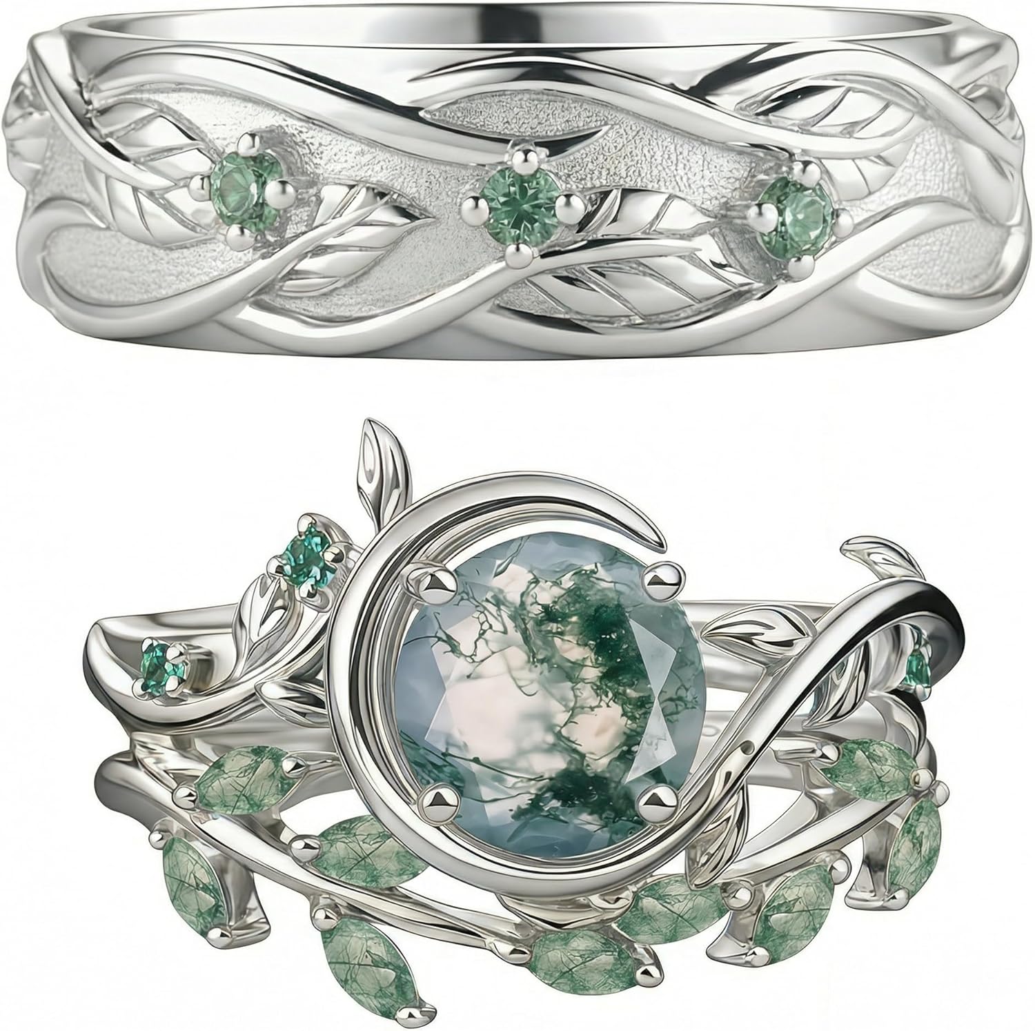 Moss Agate Wedding Ring Sets For Him And Her, s925/10k/14k/18k Gold Matching Wedding Bands, His Hers Engagement Promise Rings, 8MM Wedding Band, Customized Ring Set For Couples - Image 3