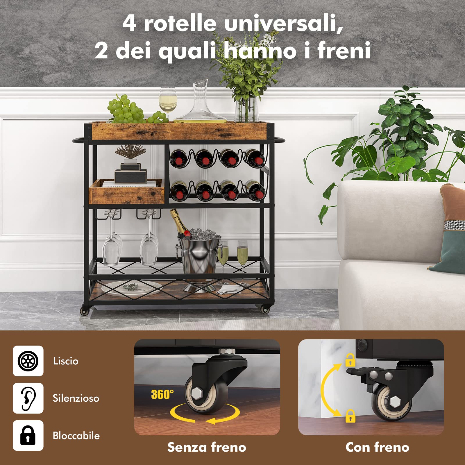 COSTWAY Carrello Bar a 3 Livelli, Carrello da Cucina con Vassoio Rimovibile, Portabottiglie e Porta Calici, con Ruote Bloccabili e Maniglie, per Cucina, Sala da Pranzo e Bar