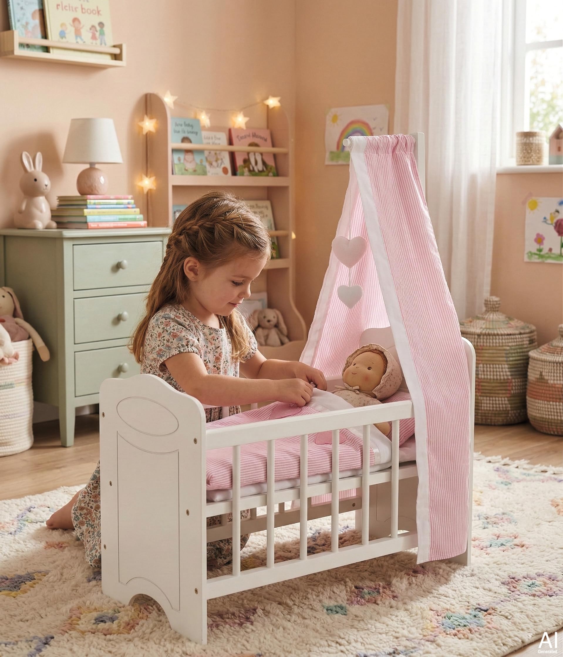 51762 goki - Puppenbett Holz mit Himmel und Bettzeug - Baby Bett für Puppen - Puppenmöbel Kinder Zubehör - Puppenwiege aus Holz für Rollenspiel Kinderzimmer 63,4 x 31,5 x 67 cm