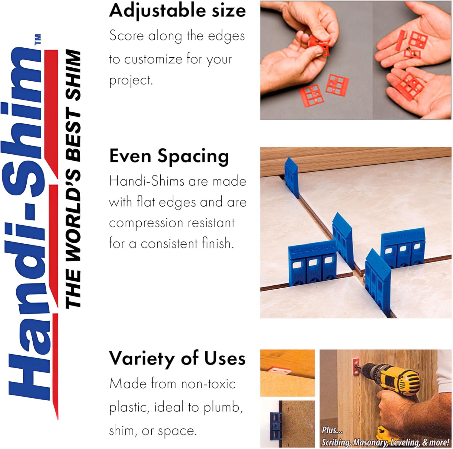 Handi-Shims 1/4" Plastic Construction Shims (Blue, 100 Pack) – Heavy Duty Reusable Spacers for Leveling Cabinets, Tile, Plumbing & Masonry – Compression-Resistant, Snap-to-Size Wedges