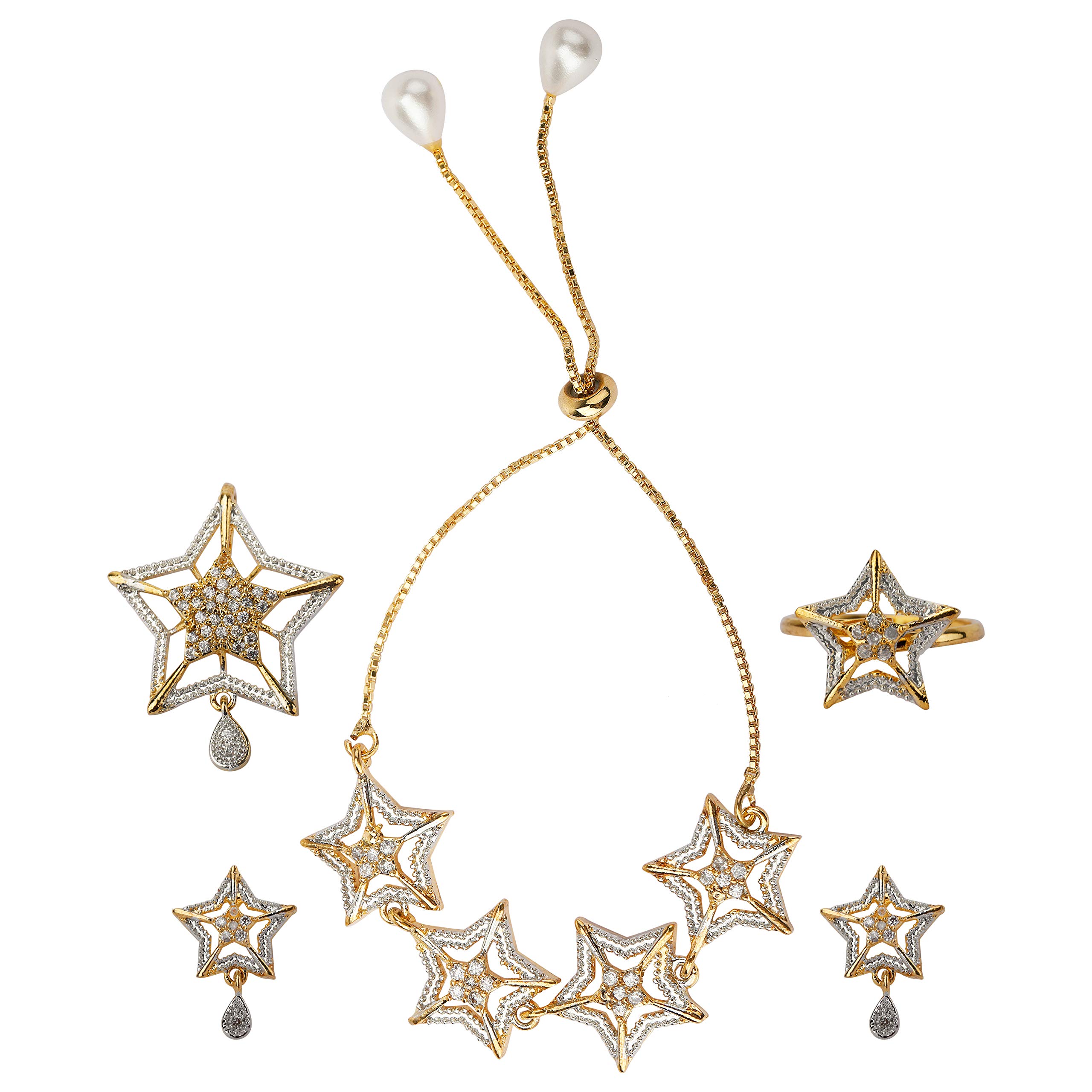 M CREATIONAmerican Diamond Ethnic Bracelet, Ring and Earring Combo Set ( White )