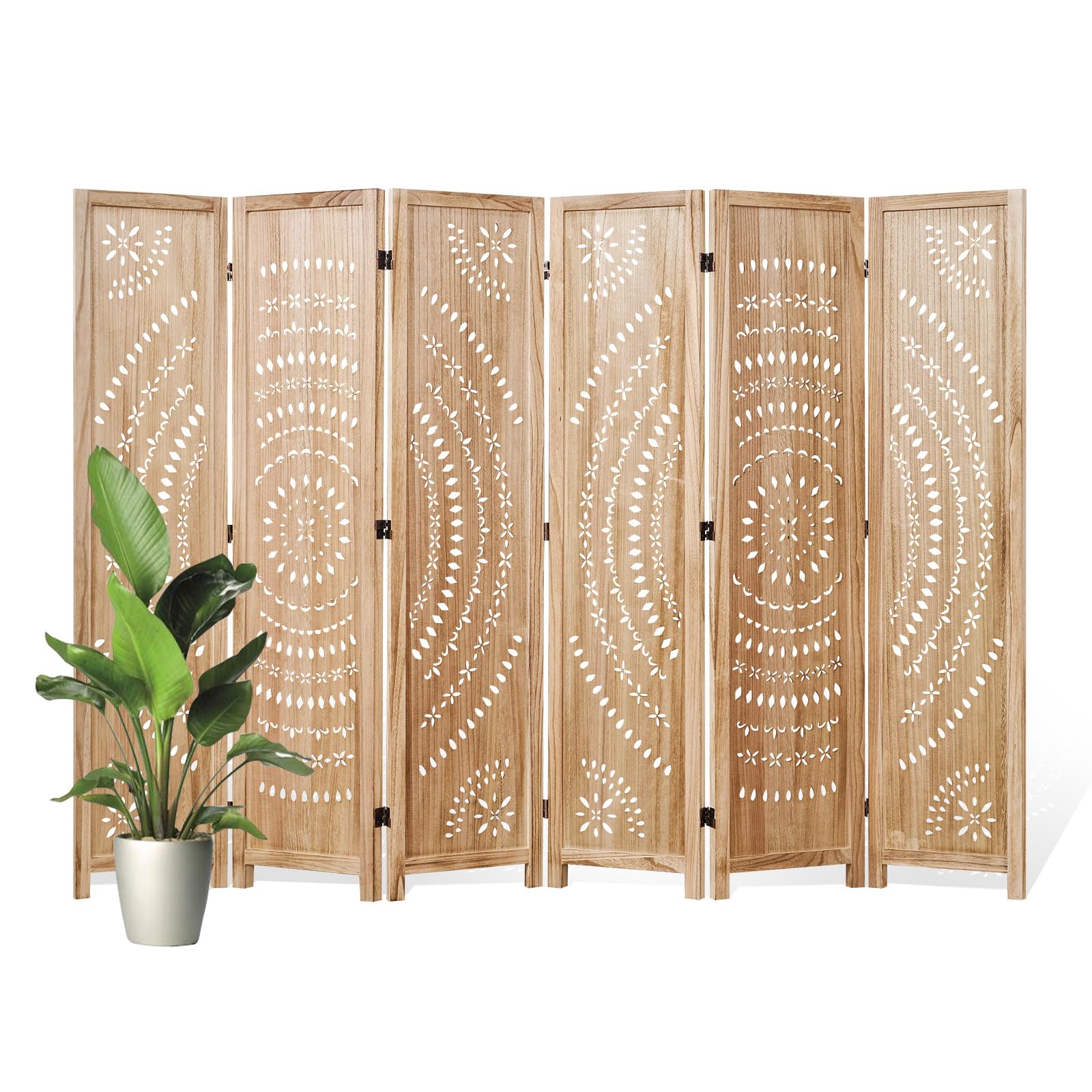66.9Inch Folding Room Divider, 6 Panels Wood Carved Privacy Screens, Free Assembled Freestanding Partition for Home Office Restaurant Bedroom (Natural)