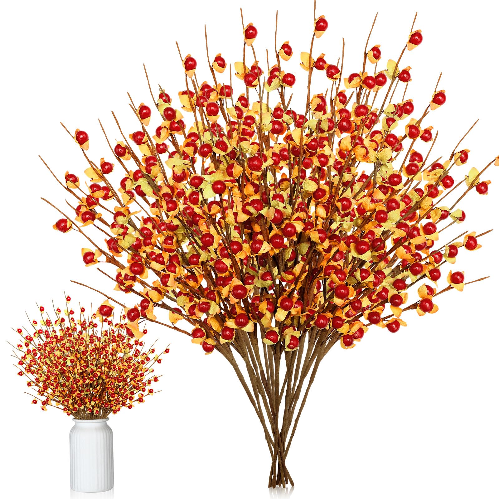 6 Pcs Fall Berry Stems Fall Picks 16" Artificial Bittersweet Branches Autumn Orange Spray with Red Berries Floral Arrangements with Fake Stem for Harvest Vase Festival Indoor Holiday Decoration