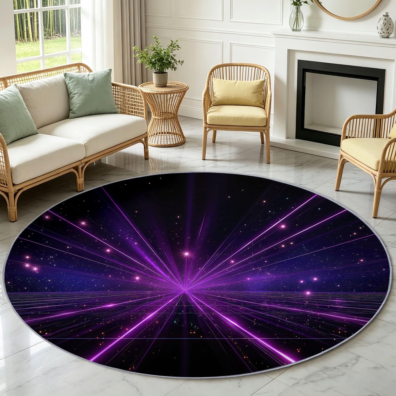 Générique Tapis Enfant Rond Chambre d'enfant Filles Garçons, Surrealisme Tapis Rond Lavable & Antidérapant pour Salon Chambre Cuisine Salle à Manger Chambre (120 cm, Espace 3D Rayons Lumineux)
