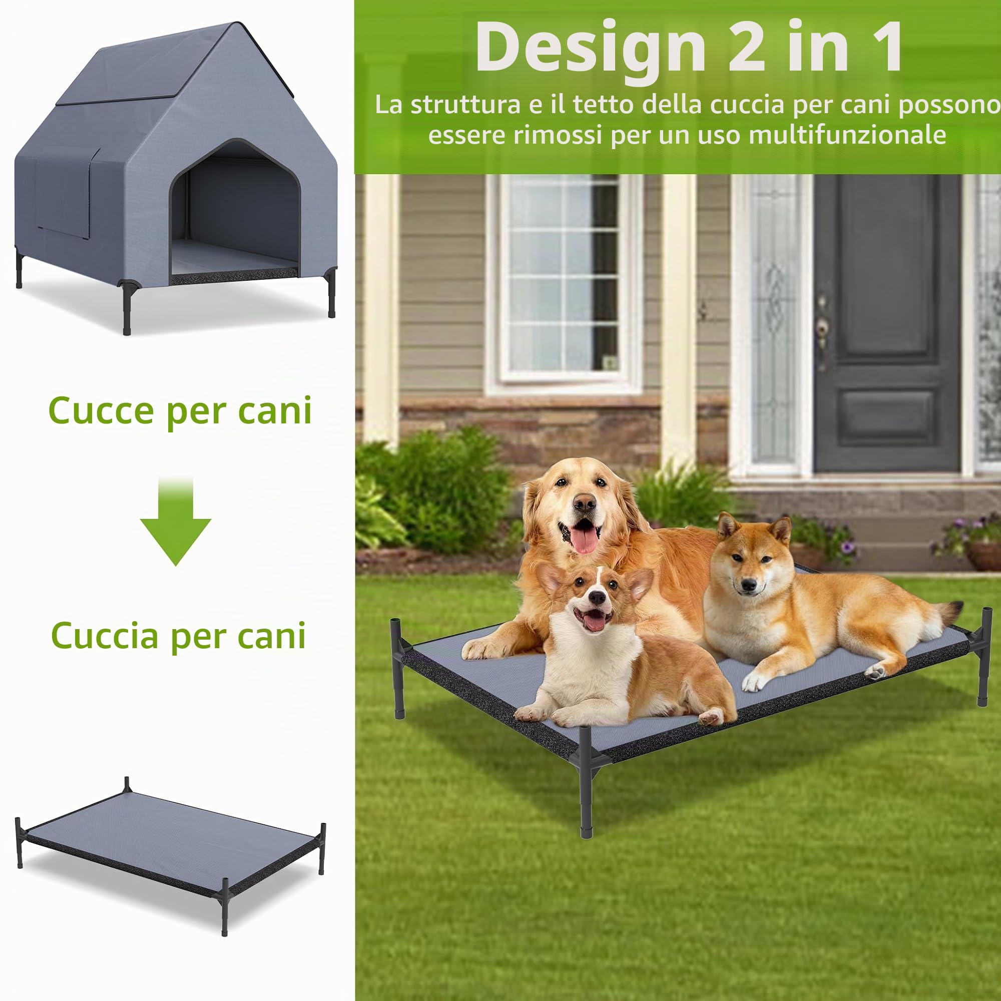 UISEBRT Cuccia per cani 2 in 1 e letto rialzato, coperta, tenda per cani di piccola e media taglia fino a 40 kg, ideale per giardino, 91 x 65,5 x 86,5 cm
