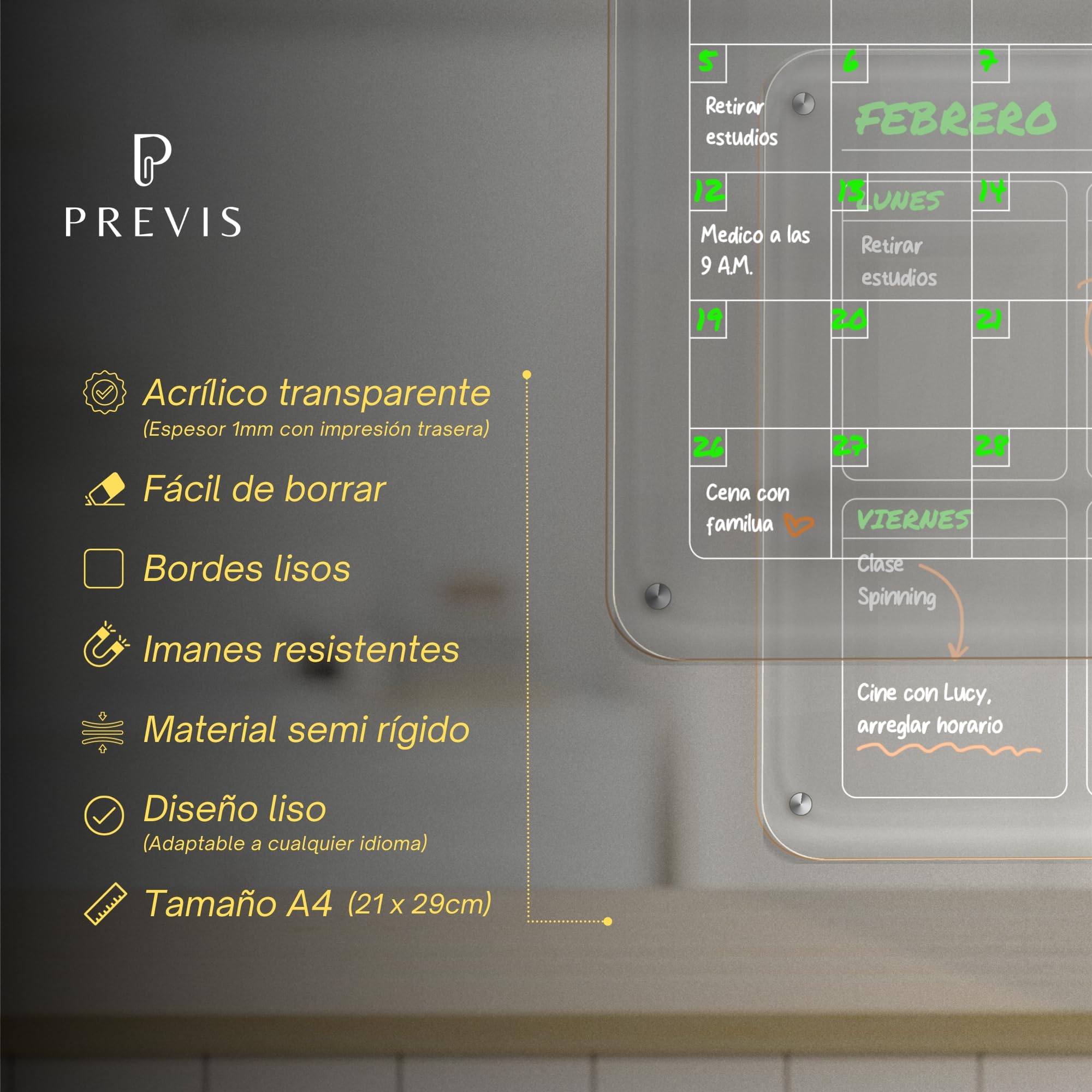 PREVIS Kit de 2 Pizarra Magnetica Nevera Transparente Acrilica A3 (30x40CM) (Semanal + Mensual) + 4 Rotuladores - 2X Acrylic Magnetic Dry Erase Board- Planifica y Decora tu Frigorifico con Estilo