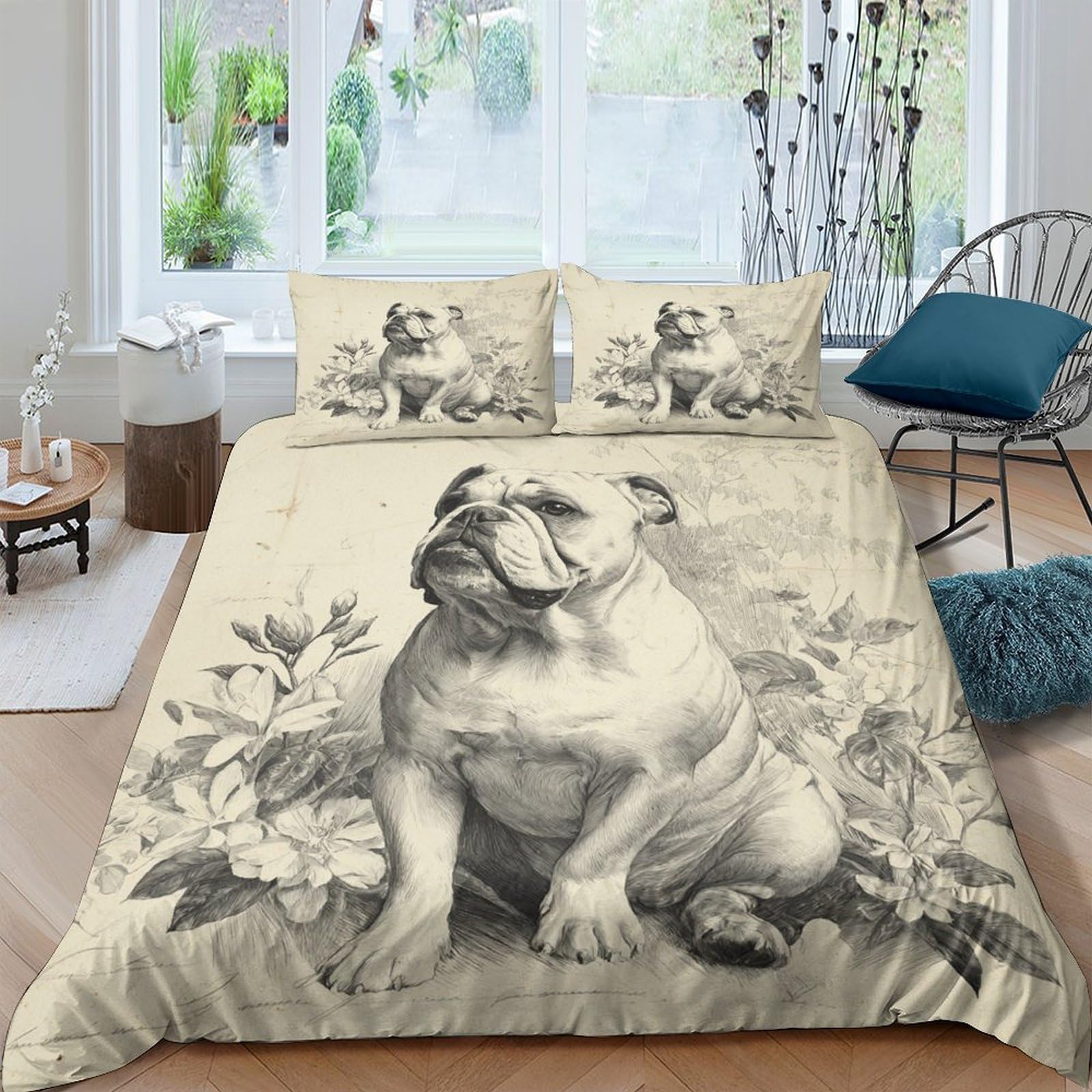 Ctjqhvkz Style-6 3D Printed Bulldog Floral Fitted Sheet Microfiber Soft Breathable Bed Cover For Bedroom Guest Room Decor Single（135X200cm）