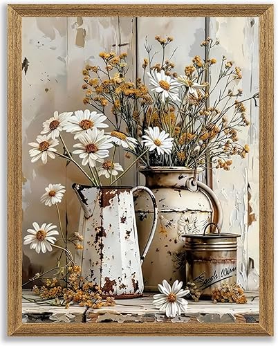 Krtoni Lienzo enmarcado vintage de granja, arte de pared, pinturas florales rústicas, decoración de pared, flor de margarita blanca con hervidor de