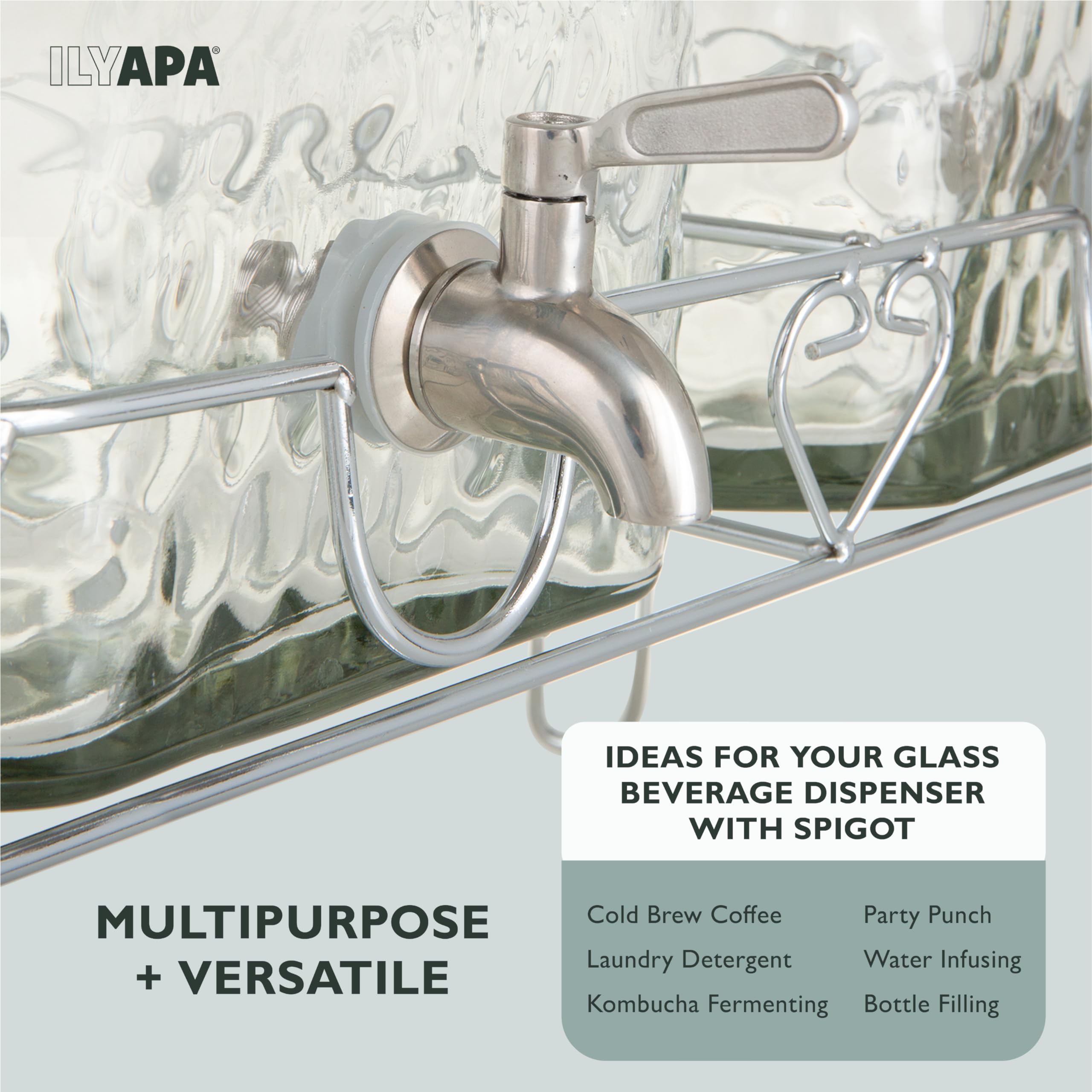Ilyapa Dispensador de bebidas de doble vidrio con soporte, dispensadores de bebidas grandes de 2 galones para agua helada, limonada, jugo, sangría, ponche, té y ponche