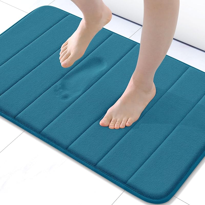 Buganda Memory Foam Bath Mat 24 x 16, Ultra Soft Absorbent Bathroom Rugs | Peacock Blue, Machine Washable Quick Dry Bath Mats for Bathroom Floor, Shower and Tub, Home Decor Accessories