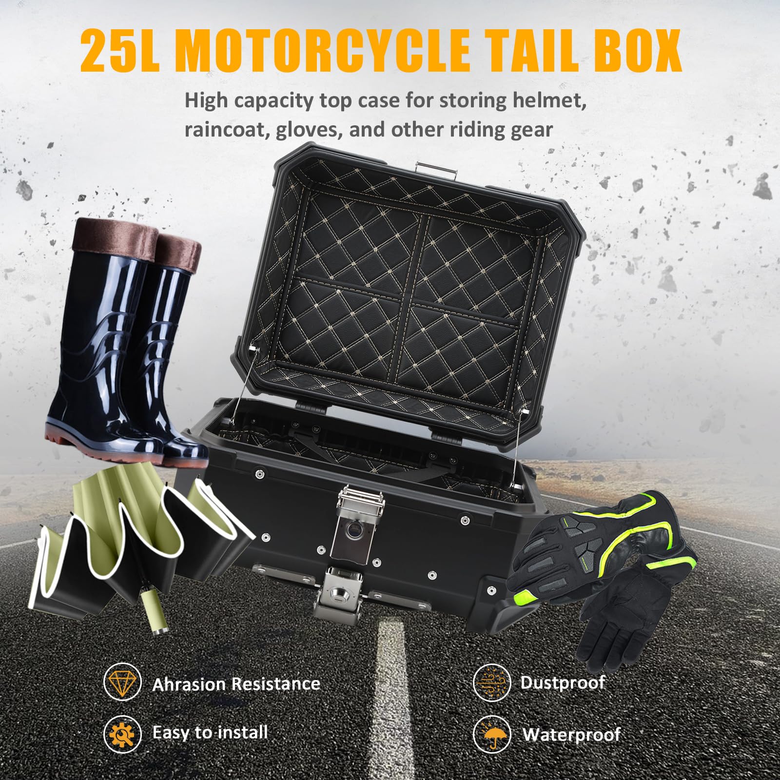 Bauletto per moto, in alluminio, da 25 l, con serratura, resistente alle intemperie | Bauletto per moto, impermeabile, con schienale, universale, in alluminio, per scooter e moto, a sgancio rapido, antifurto