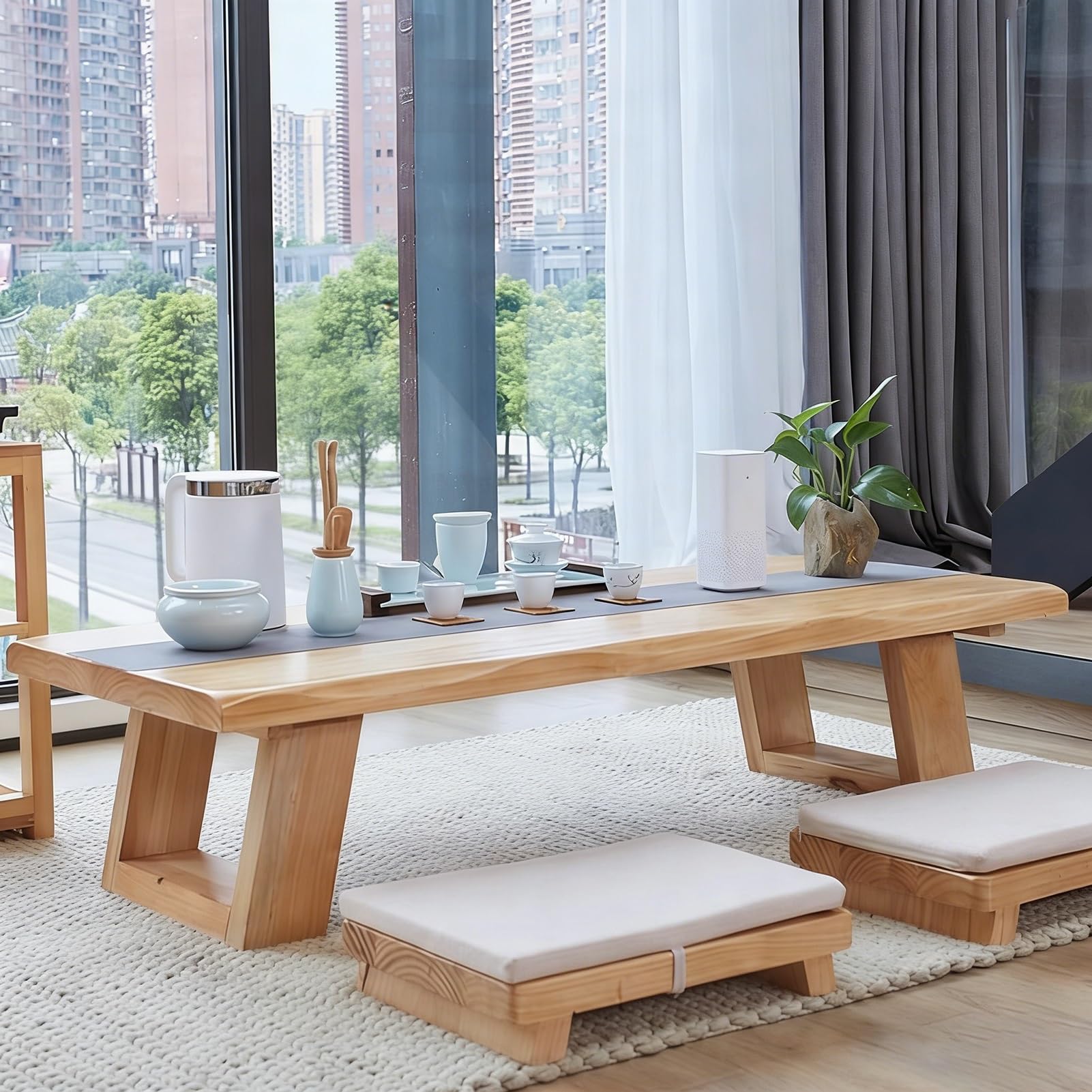 Table basse japonaise de méditation en bois massif pour un salon zen