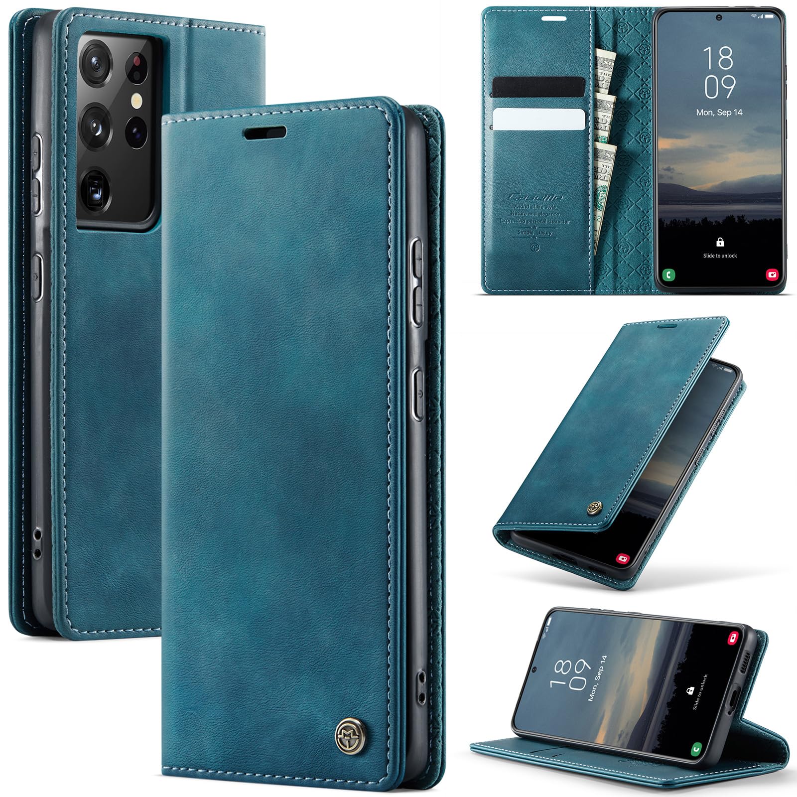 Lonjanfon Handyhülle für Samsung Galaxy S21 Ultra, hülle klapphülle[Premium Hochwertig Lederhulle][RFID Blockierung][Ständer Funktion][Kartenfach]Schutzhulle Magnet Klappbar Flip Case Tasche,Blaugrün