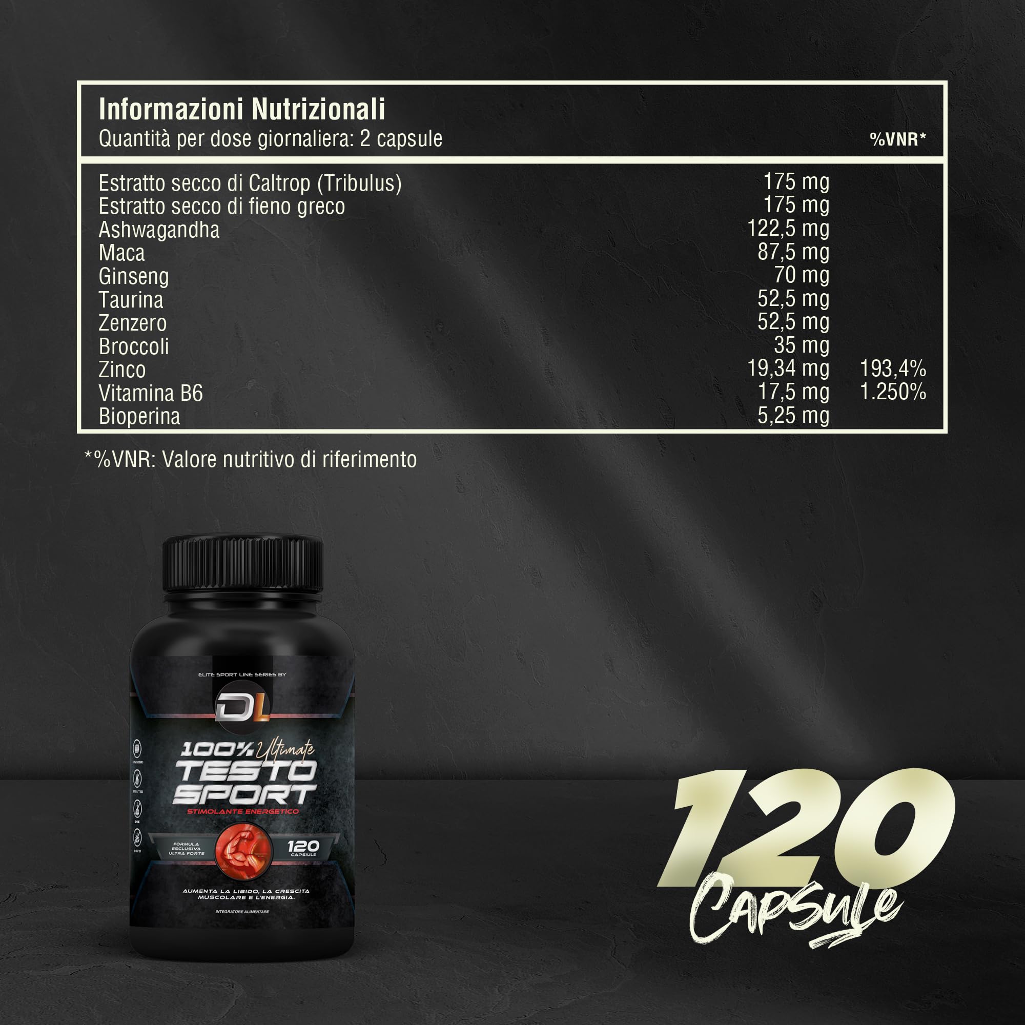 Healthy Fusion 100% ULTIMATE TESTOSPORT | Booster con Maca, aAhwagandha e Tribulus | Efficace potenziatore sessuale | Aumenta la massa muscolare | Energia e le prestazioni sportive | 120 capsule