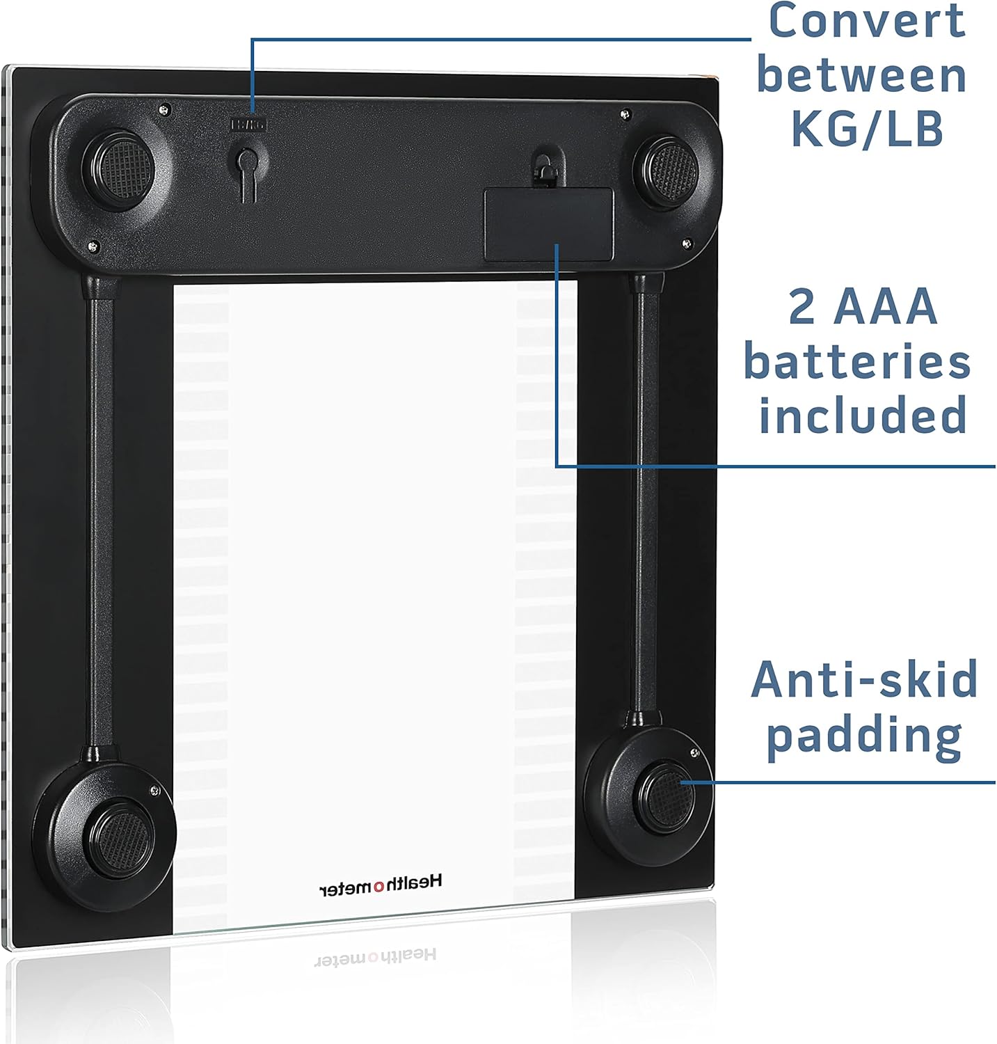 Underside of Health o Meter scale showing battery compartment and unit switch