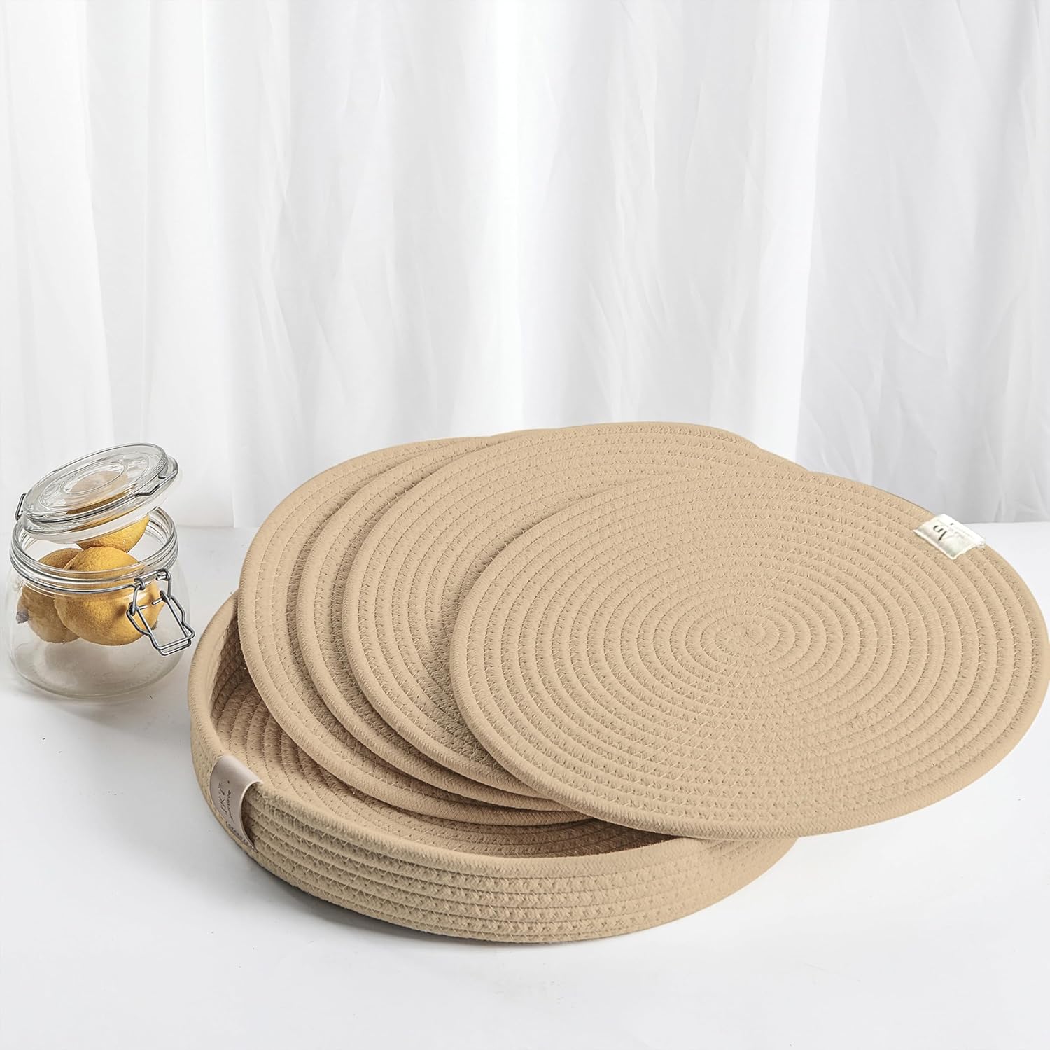 Art PineCone's Woven Cotton Rope Round Placemats Set of 4 with Holder Included, Non-Slip, and Heat Resistant for Your Perfect Table Decor! (Beige, 13 inch) 13 inch Beige