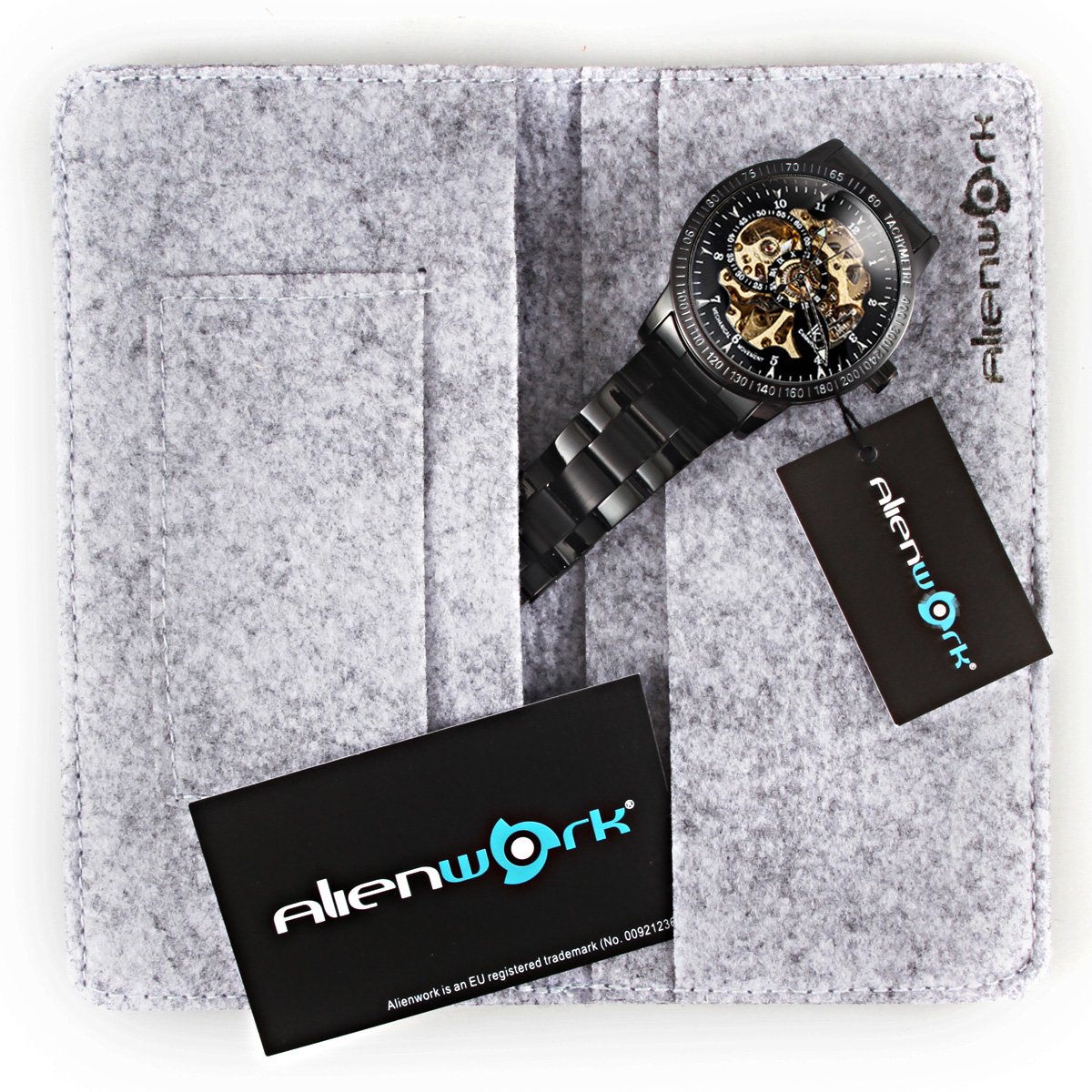 Alienwork IK Reloj Automático Hombre Mujer Negro Pulsera de Metal Acero Esqueleto Fondo de Vidrio