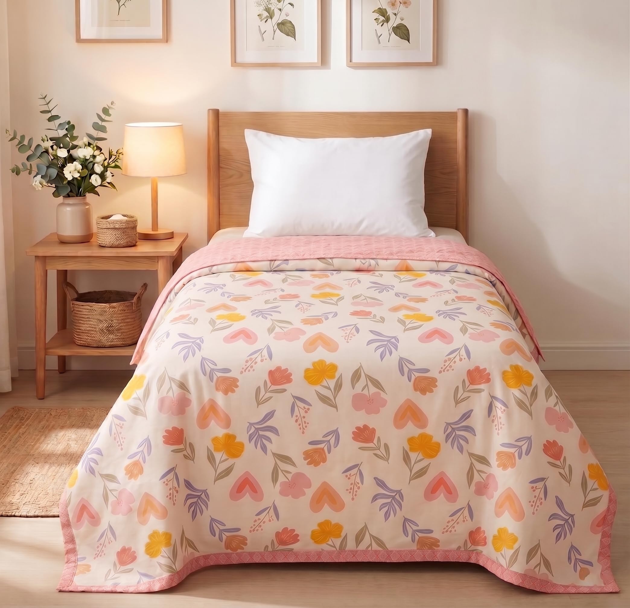 VAS COLLECTIONS Cotton AC Blanket for Single Bed, 147x230 cm | Reversible Lightweight All Season Comforter | Soft Breathable Skin-Friendly Blanket for Bedroom Use (Blush Garden)