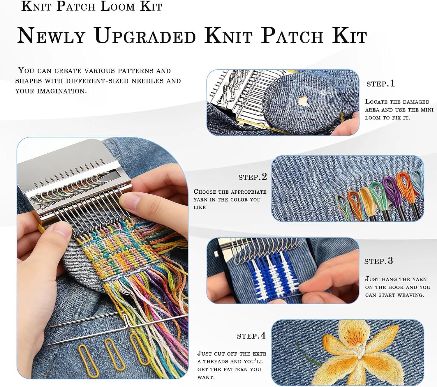 XQFERT 36PCS Newly Upgraded Knit Patch Kit, Crochet Kit for Beginners, Knit Patch Loom Kit for Holes Repair on Socks, Clothes & Trousers, Patchwork Weaving Tool Set for Quickly Sewing Repair