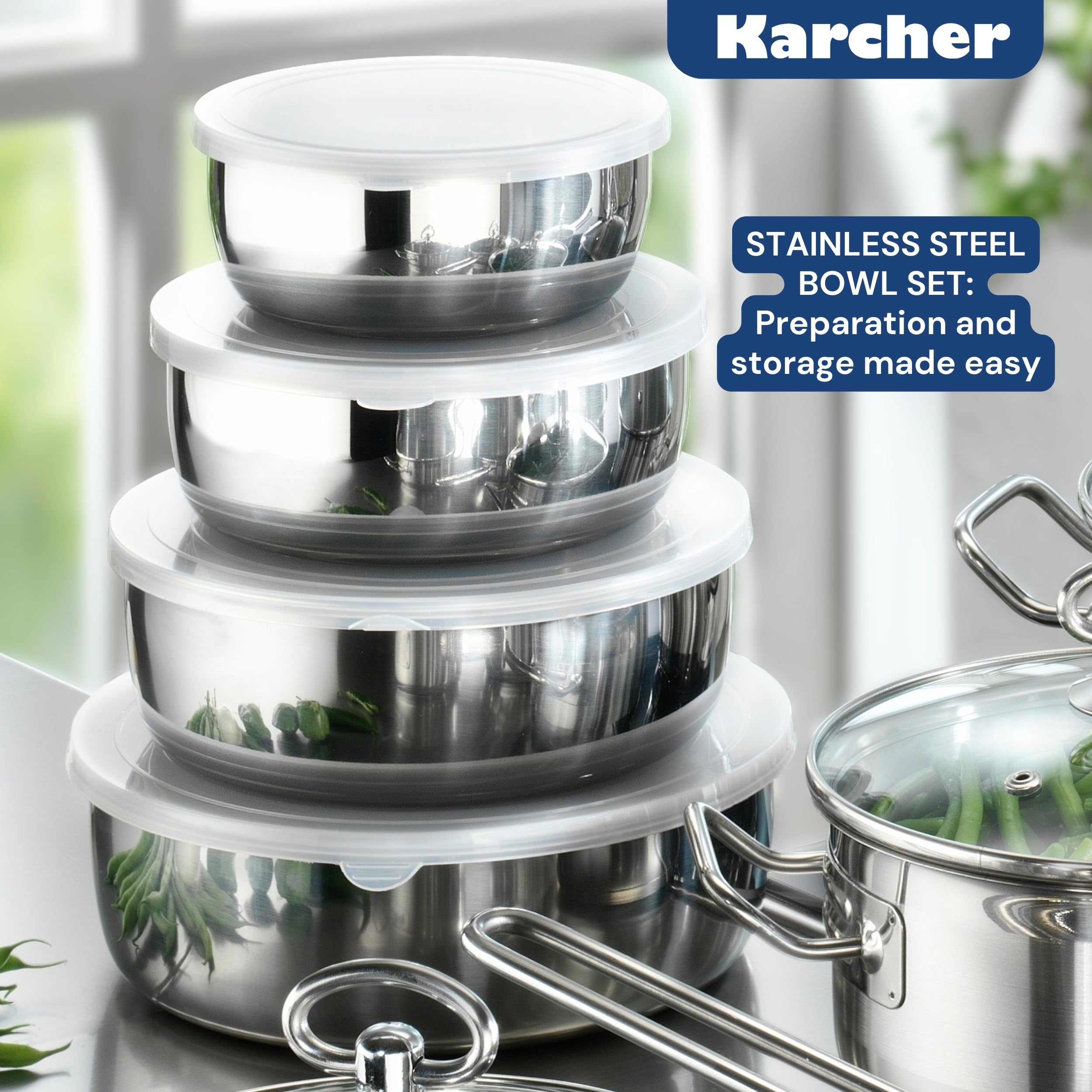 Karcher Set Pentole in Acciaio Inox 20 Pezzi con Coperchi | Batteria di Pentole Completa per Cucina, Induzione, Gas ed Elettrico | Casseruole, Padelle e Saladiere per Casa e Famiglia