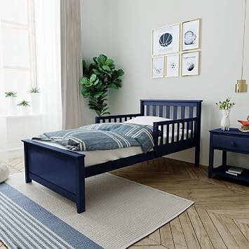 Max & Lily Twin Bed, Bed Frame with Headboard For Kids with 2 Guard Rails, Slatted, Blue