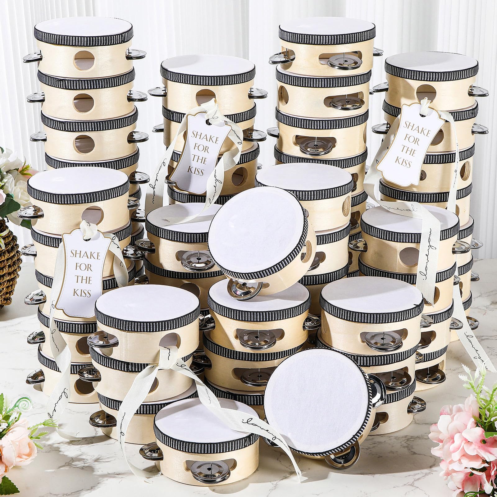Hochzeits-Tamburine für Erwachsene, 10,2 cm, aus Holz, Handtrommel mit Metallschellen, Geschenkanhänger, weißes Tamburin, Geschenk, Musikinstrument für Kirche, Hochzeit, Party, Gastgeschenk, 60