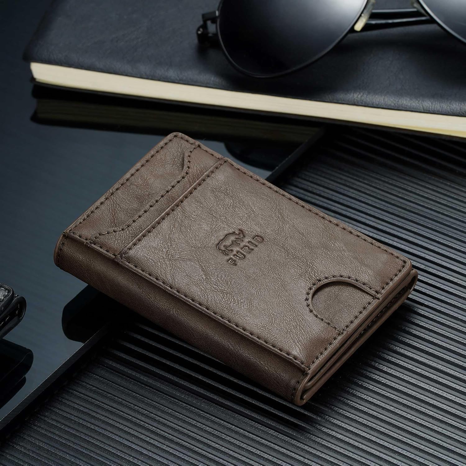 furid Genuine Leather Wallet for Men: RFID Thin Trifold Front Pocket Credit Card Holder - Slim Minimalist Wallet with Metal Plates and Cash Band - Gift for Husband Father on Anniversary Birthday