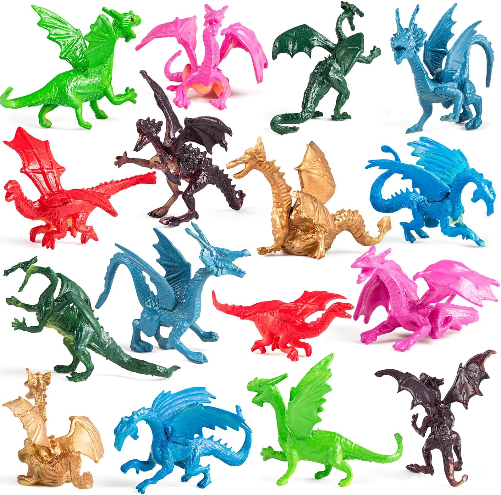 Bedwina Mini Dragon Toy Figures - (Pack of 36) 2 Inch Plastic Rubbery Dragon Figurines in Assorted Colors and Styles - Kids Toys for Birthday Party Favors, Decorations, Cupcake Toppers and Piñatas