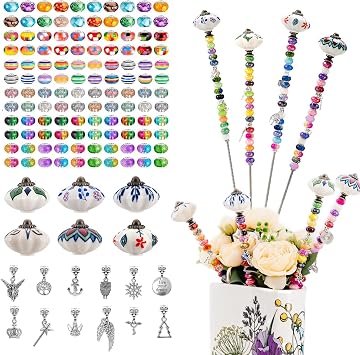 Decorative Garden Stakes DIY Fairy Wand Beaded Garden Plant Stakes Kit with Ceramic Stopper Tops Silver Pendant Threaded Rod,100 Colorful Beads for Indoor Outdoor Plant Flower Pot Decor
