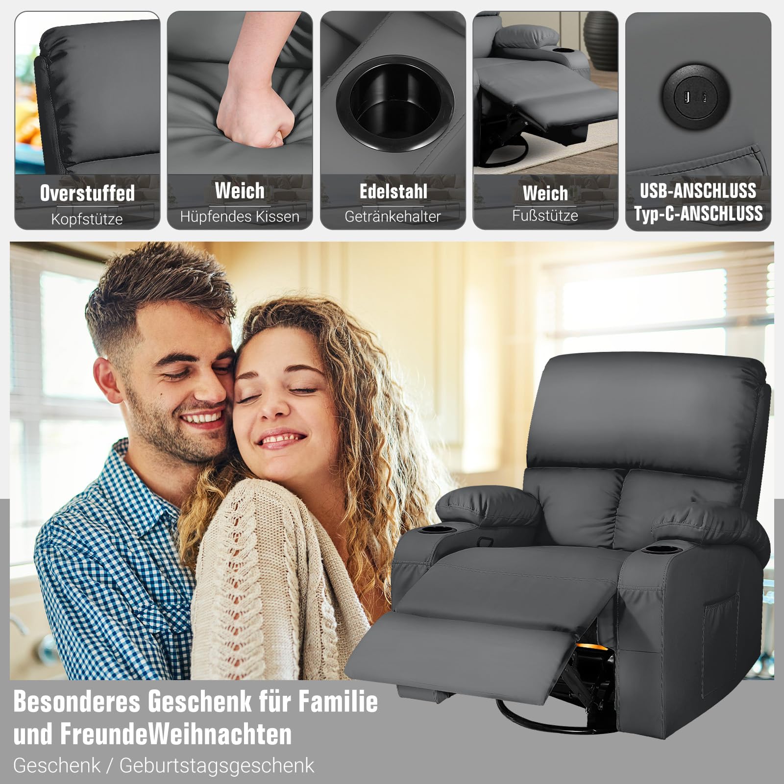 Schaukelstuhl mit Relaxfunktion, Massagesessel mit Vibration und Wärme, USB- und Type-C-Anschlüsse, 360° Drehbar, Kunstleder, Wohnzimmer, Schlafzimmer, Kinderzimmer, Wohnmobil, Dunkelgrau