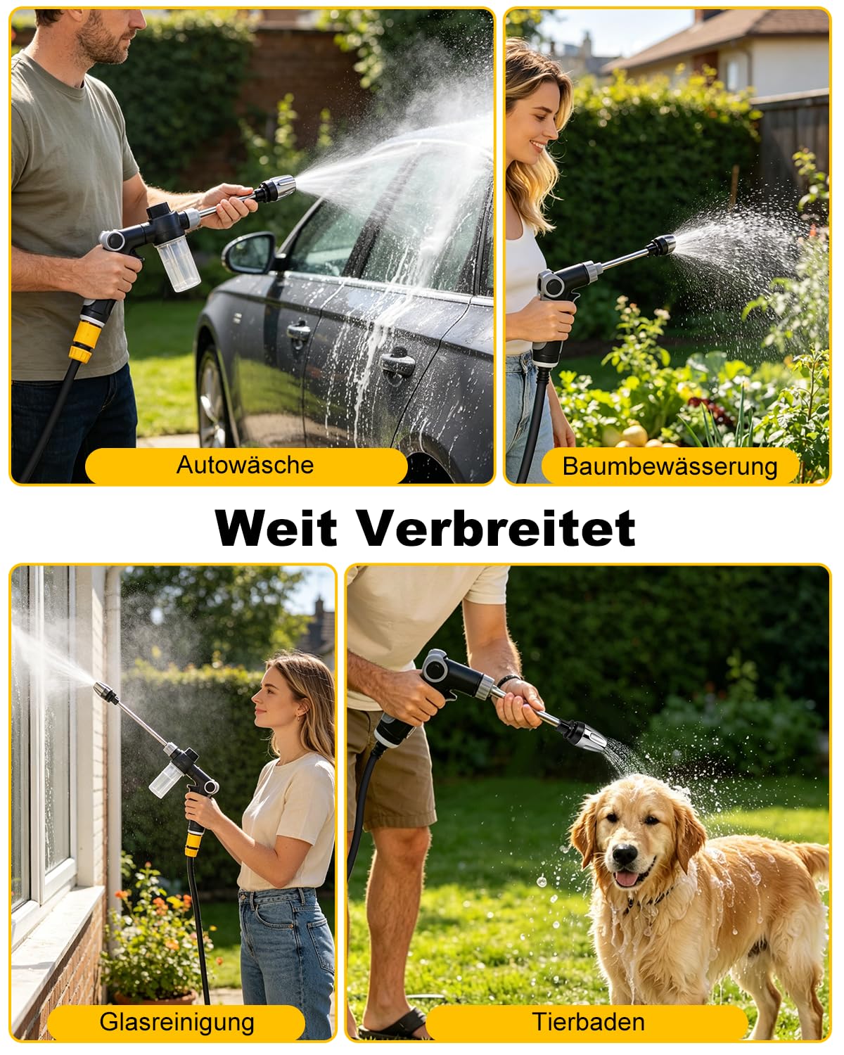 Power Jet Gartenschlauch Spritze mit Wasserregler & Arretierung, 3 Strahlarten Gartenbrause, Ergonomische Wasserspritze für Auto, Pflanzen, Terrasse & Reinigung, Rostfrei