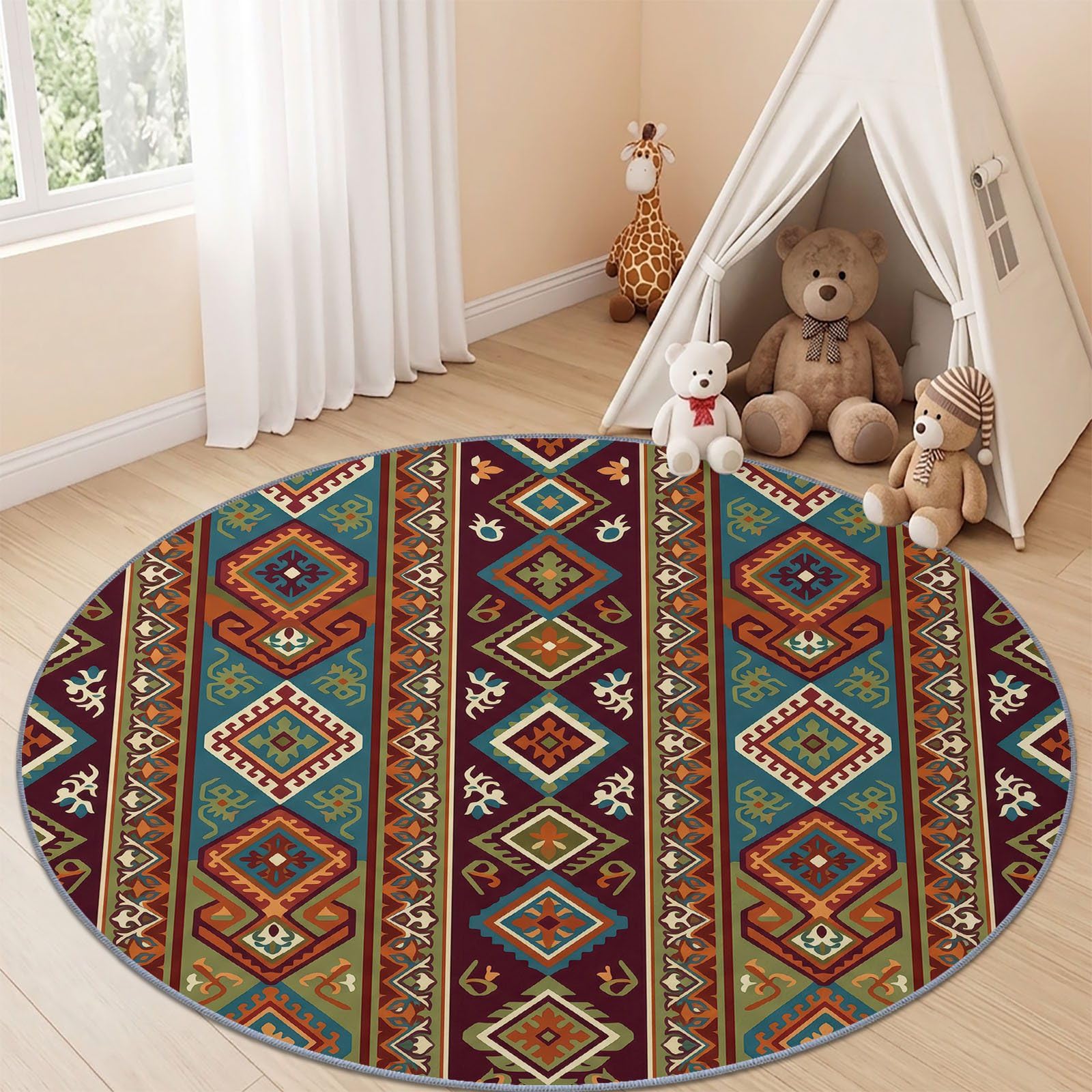 Bohème Ethnique Tapis Salon 160 cm Losange Géométrique Totem Bleu Rond Lavable en Machine | Chambre Rugs, Descente de Lit Carpets, AntidéRapant, Chambre Carpet, Doux Poil Ras
