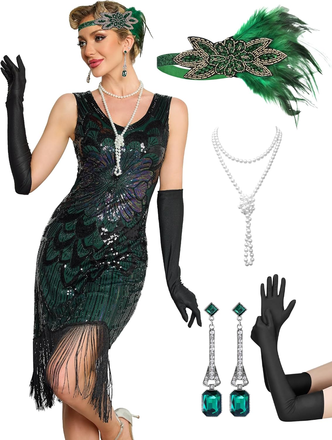 Women's Flapper Dresses 1920s,Great Gatsby Dresses Sequin Fringe Cocktail Dress Roaring 20s Dress for Harlem Nights